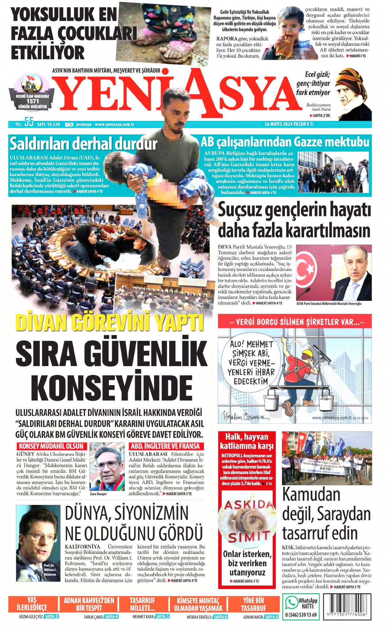 YENİ ASYA gazetesinin 26 Mayıs 2024 tarihli birinci sayfası