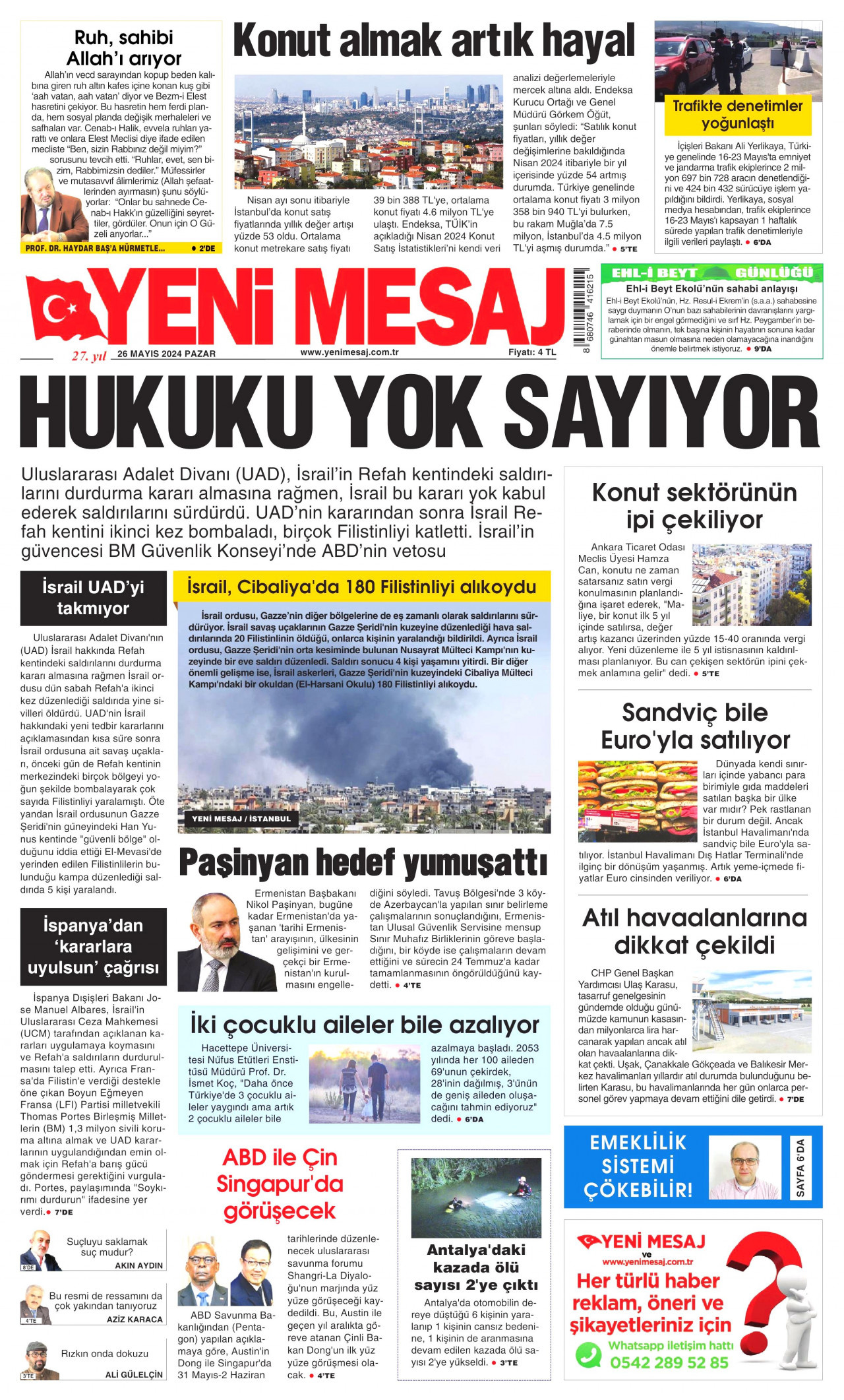 YENİ MESAJ gazetesinin 26 Mayıs 2024 tarihli birinci sayfası