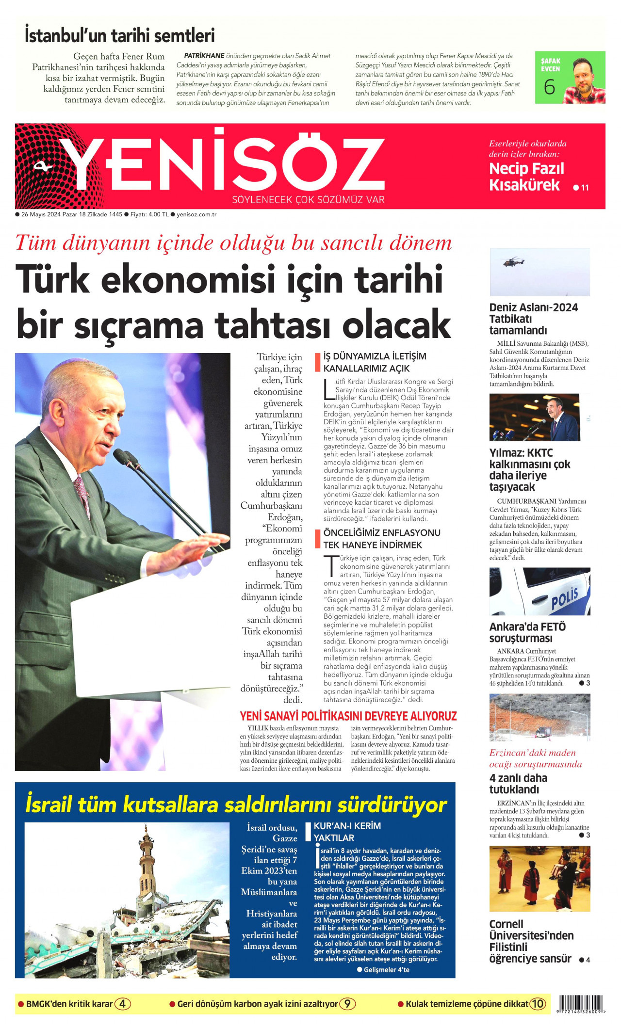 YENİ SÖZ GAZETESİ gazetesinin 26 Mayıs 2024 tarihli birinci sayfası