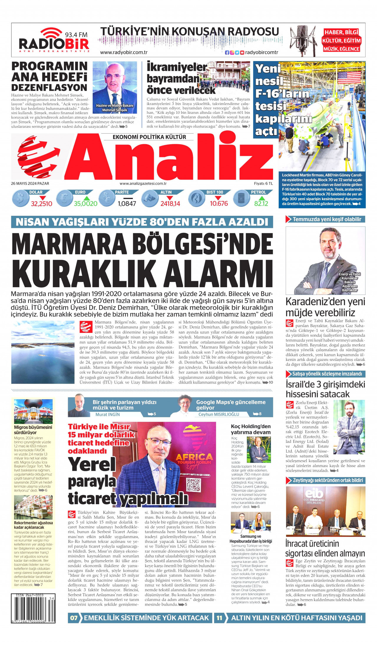 ANALİZ gazetesinin 26 Mayıs 2024 tarihli birinci sayfası