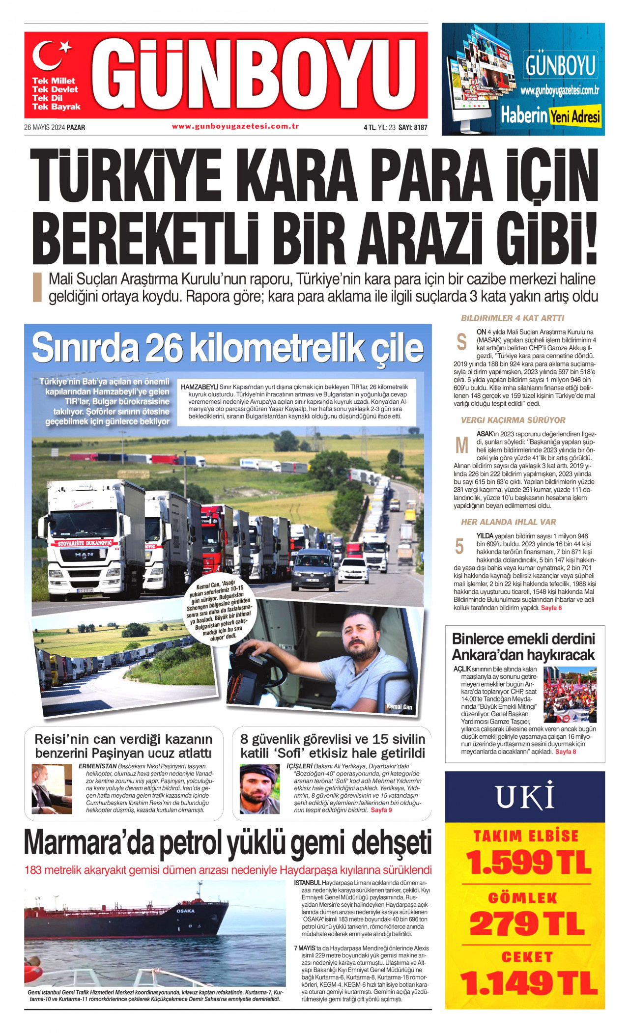 GÜNBOYU gazetesinin 26 Mayıs 2024 tarihli birinci sayfası