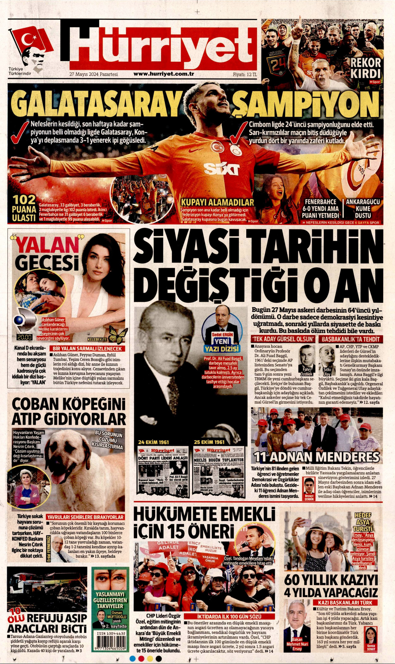 HÜRRİYET gazetesinin 27 Mayıs 2024 tarihli birinci sayfası