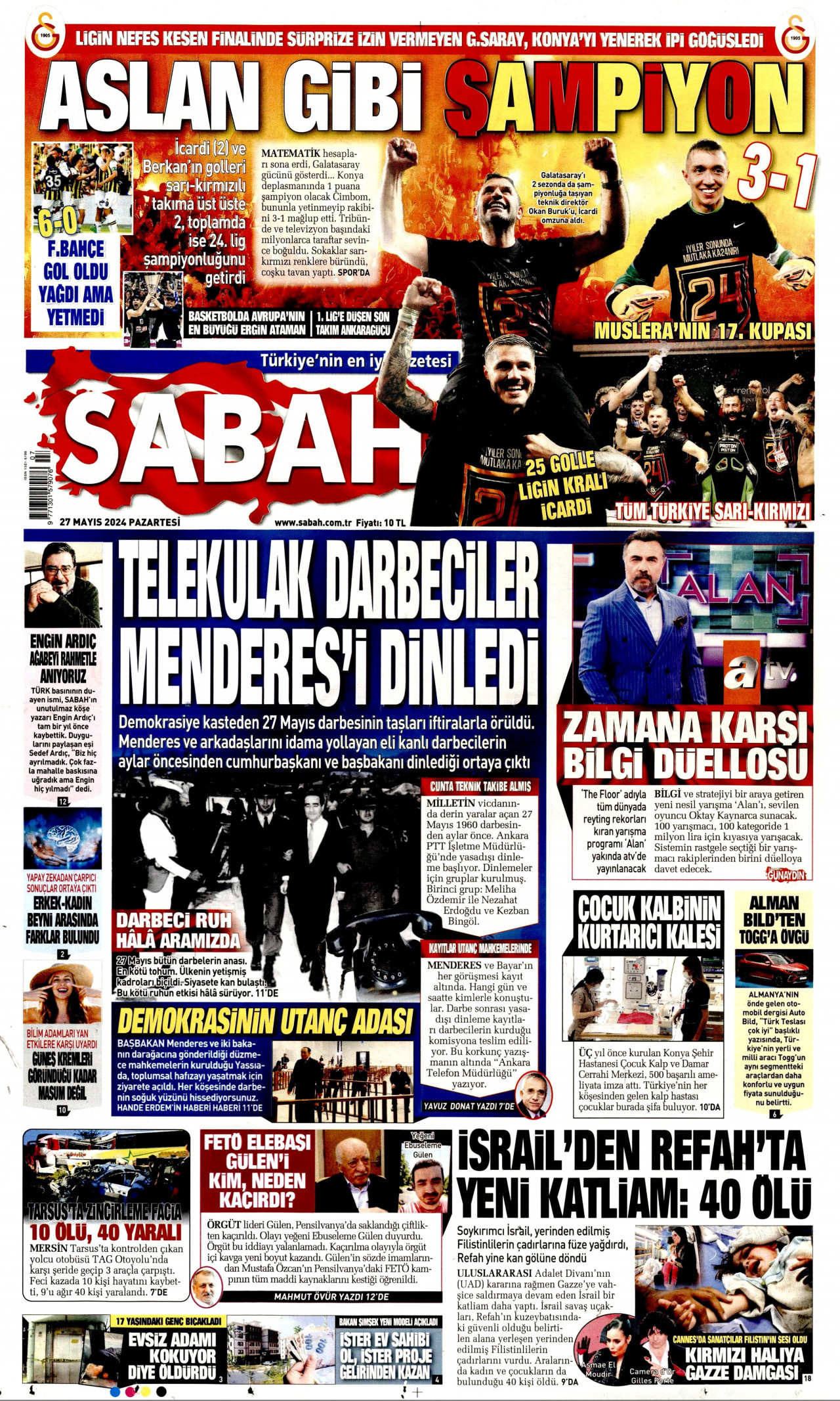 SABAH gazetesinin 27 Mayıs 2024 tarihli birinci sayfası