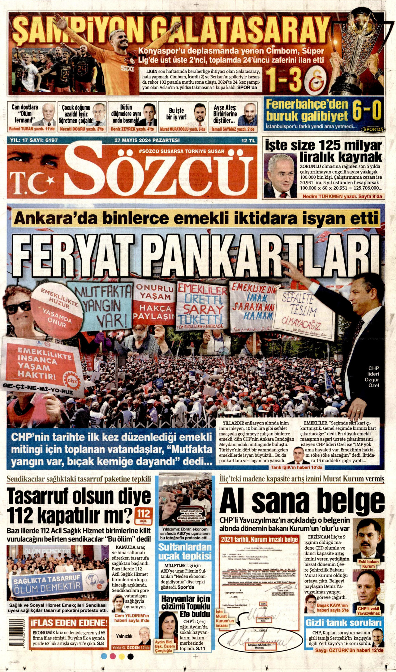SÖZCÜ gazetesinin 27 Mayıs 2024 tarihli birinci sayfası