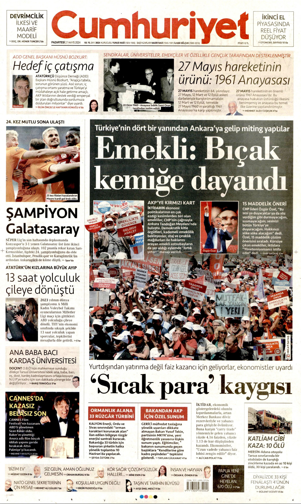 CUMHURİYET gazetesinin 27 Mayıs 2024 tarihli birinci sayfası