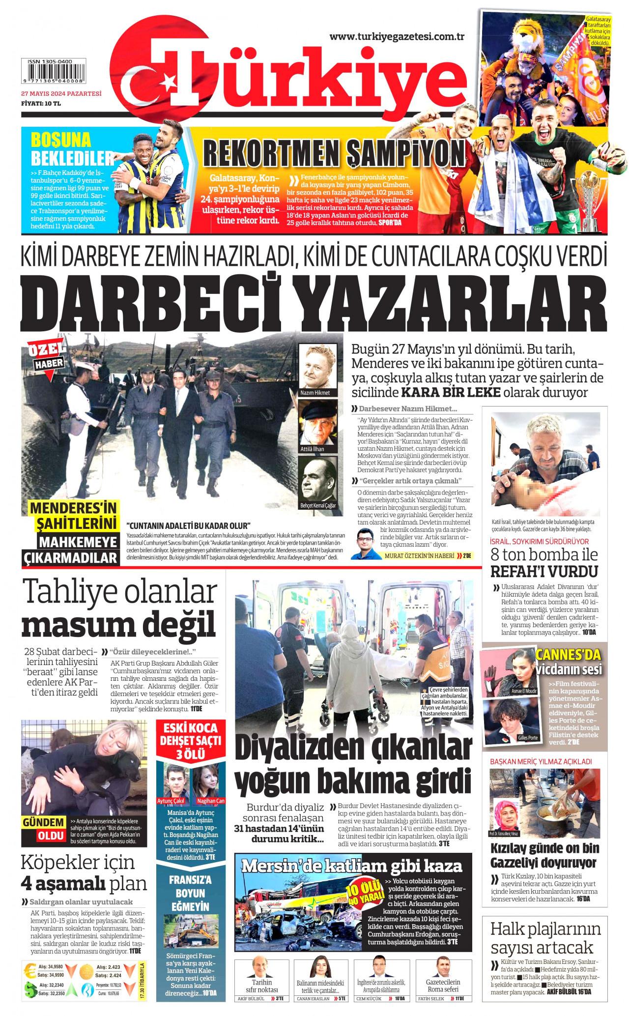 TÜRKİYE GAZETESİ gazetesinin 27 Mayıs 2024 tarihli birinci sayfası