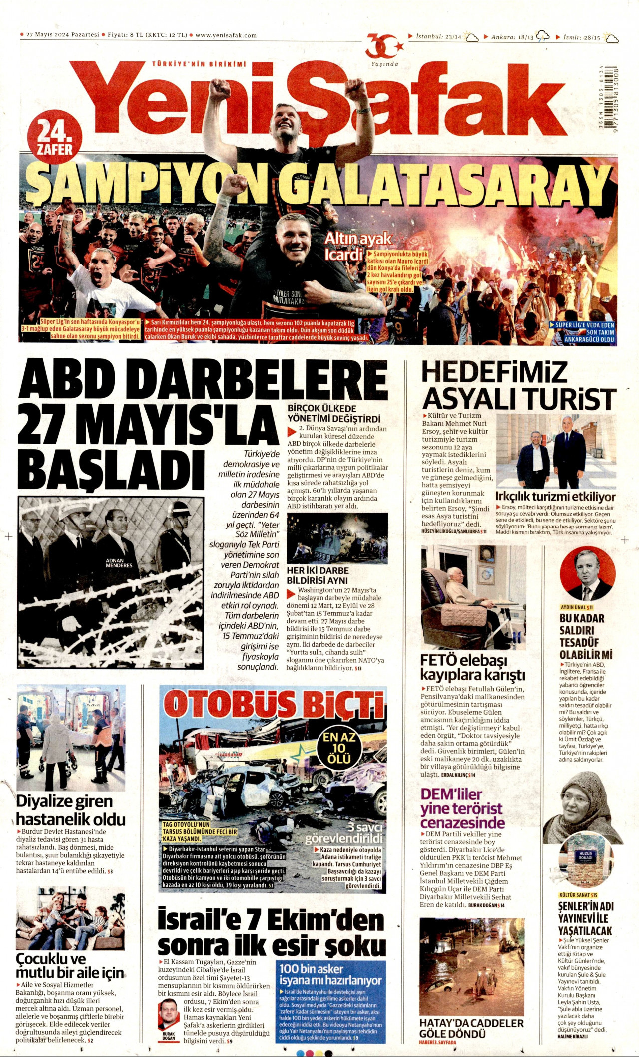 YENİ ŞAFAK gazetesinin 27 Mayıs 2024 tarihli birinci sayfası
