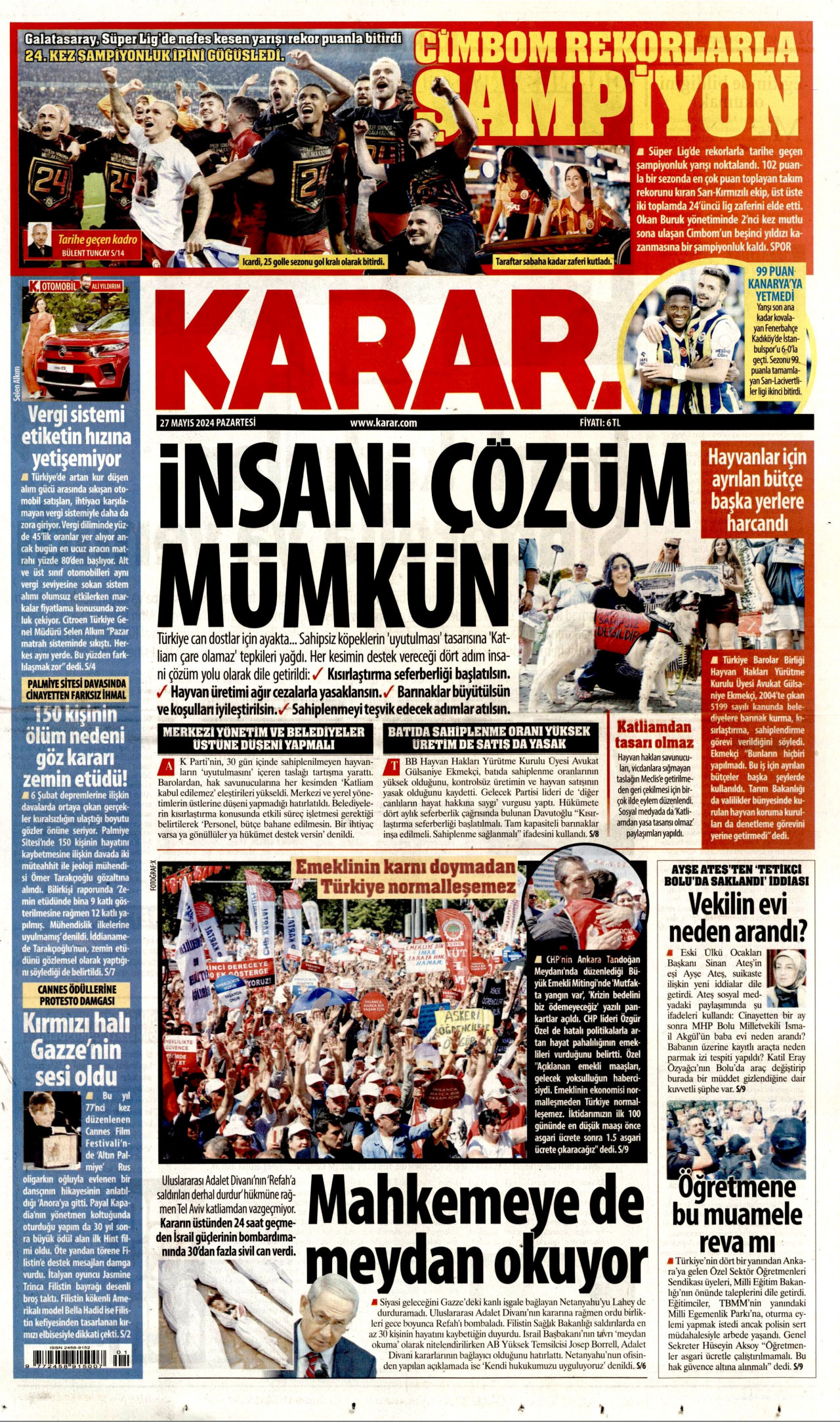 KARAR gazetesinin 27 Mayıs 2024 tarihli birinci sayfası