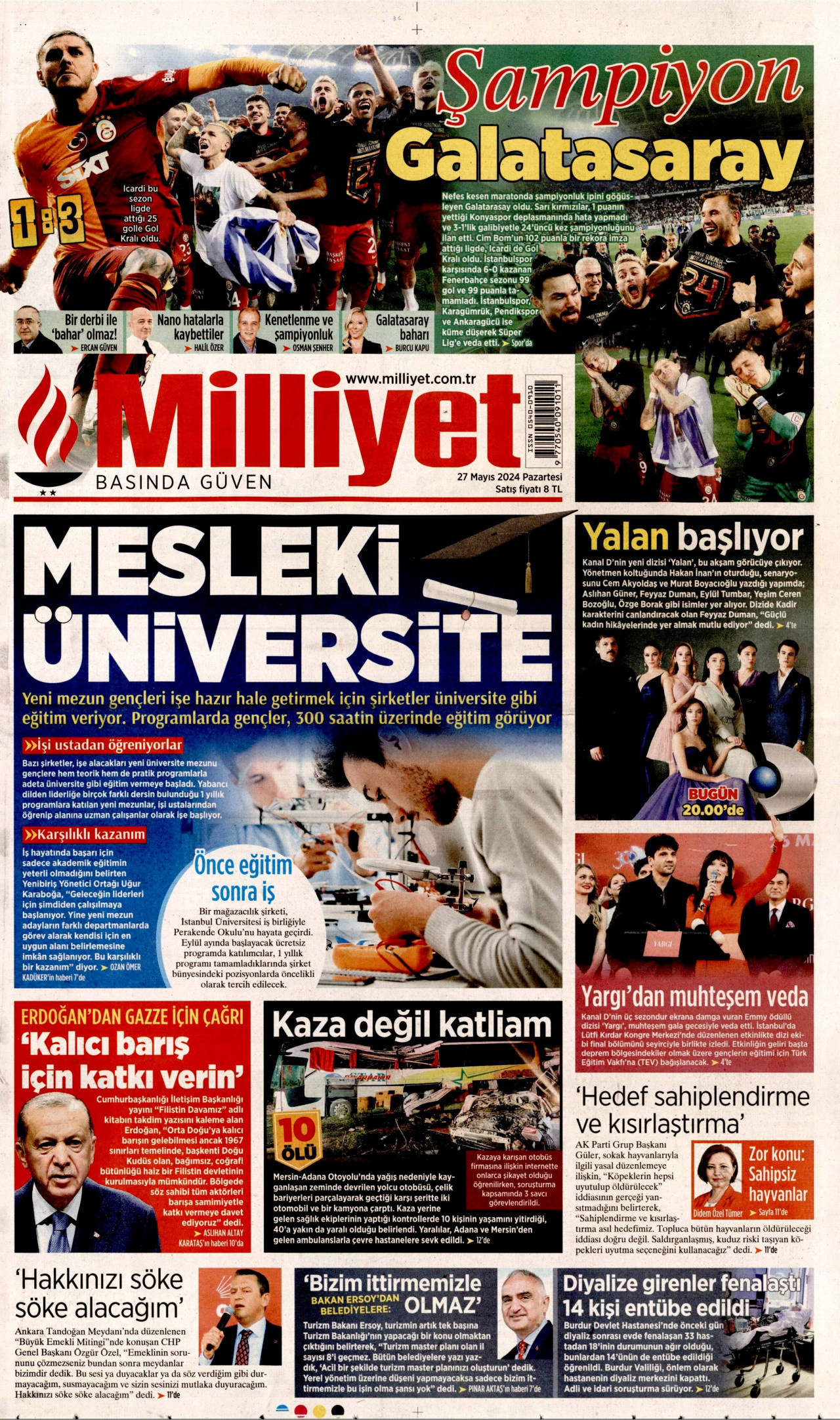 MİLLİYET gazetesinin 27 Mayıs 2024 tarihli birinci sayfası