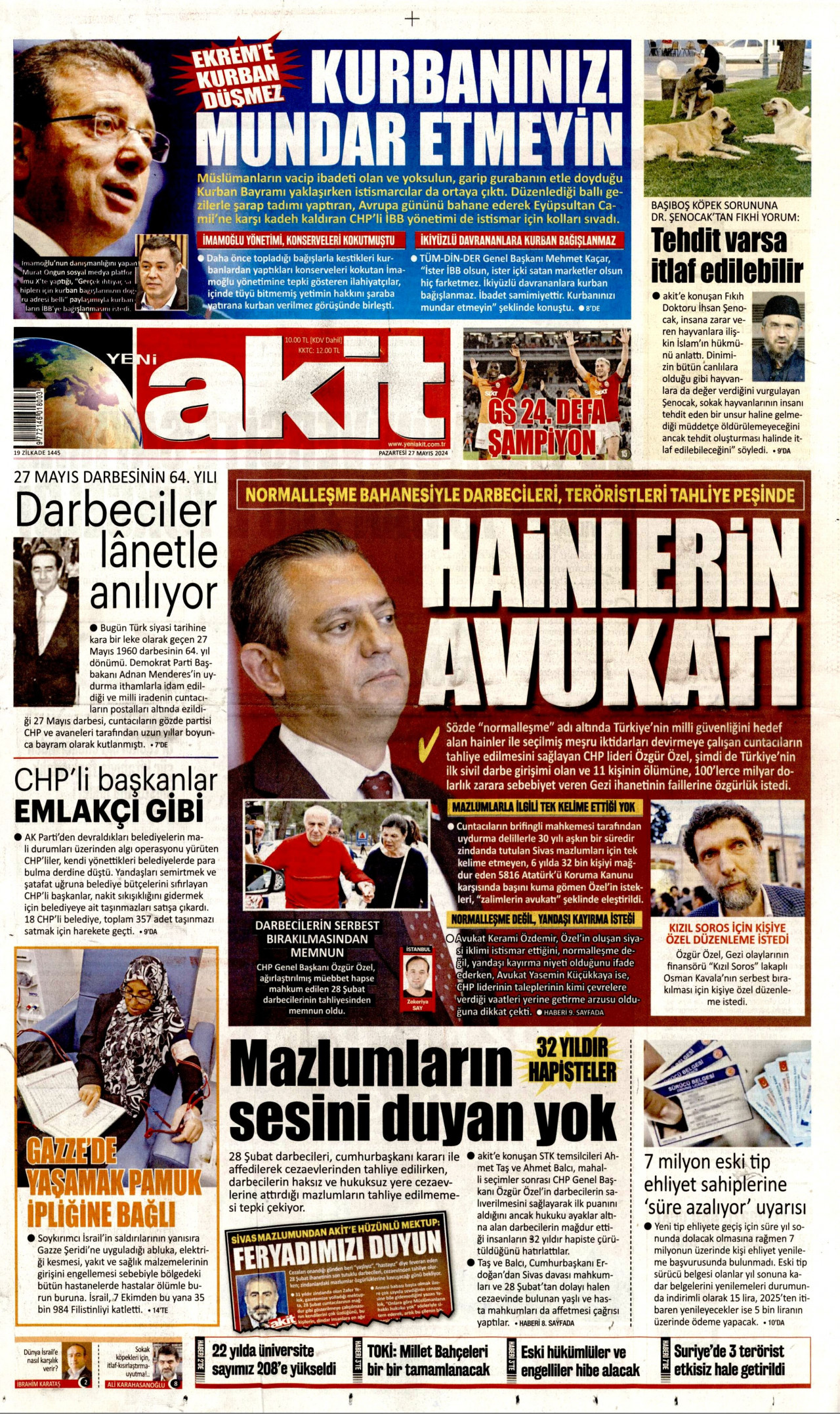 YENİ AKİT gazetesinin 27 Mayıs 2024 tarihli birinci sayfası