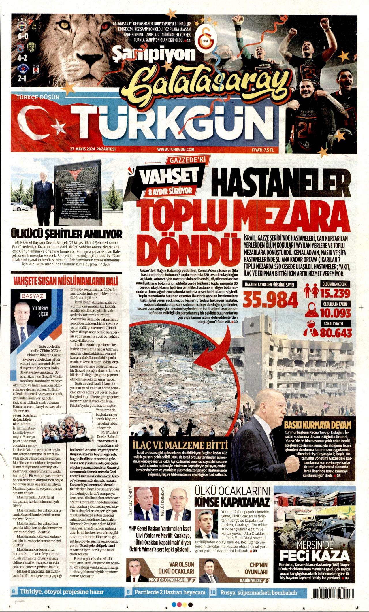 TÜRKGÜN gazetesinin 27 Mayıs 2024 tarihli birinci sayfası