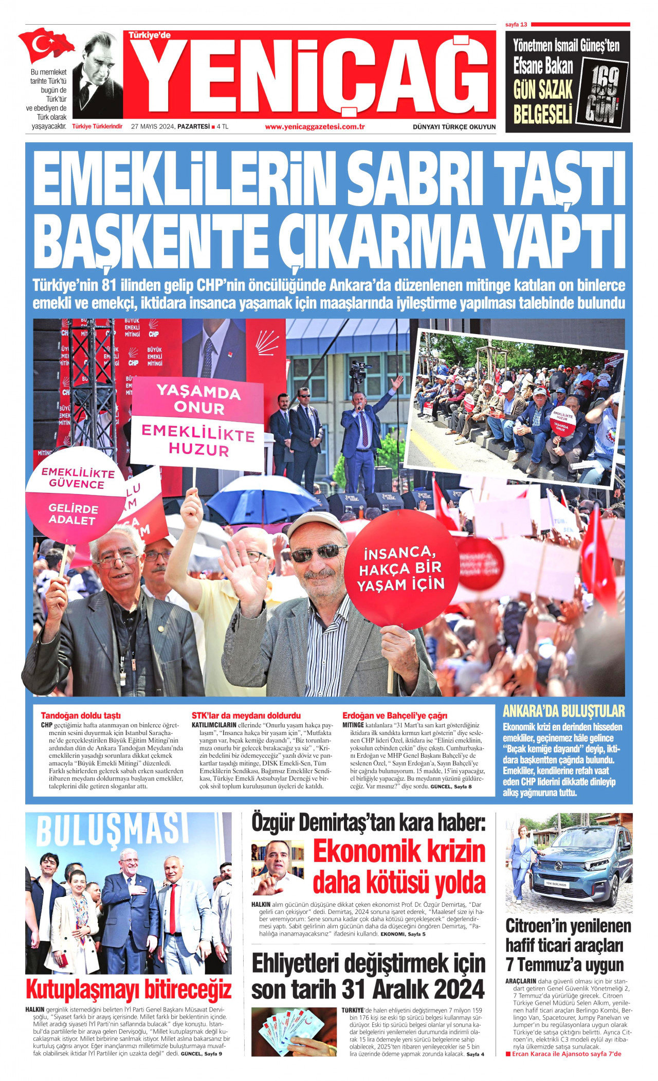 YENİÇAĞ gazetesinin 27 Mayıs 2024 tarihli birinci sayfası