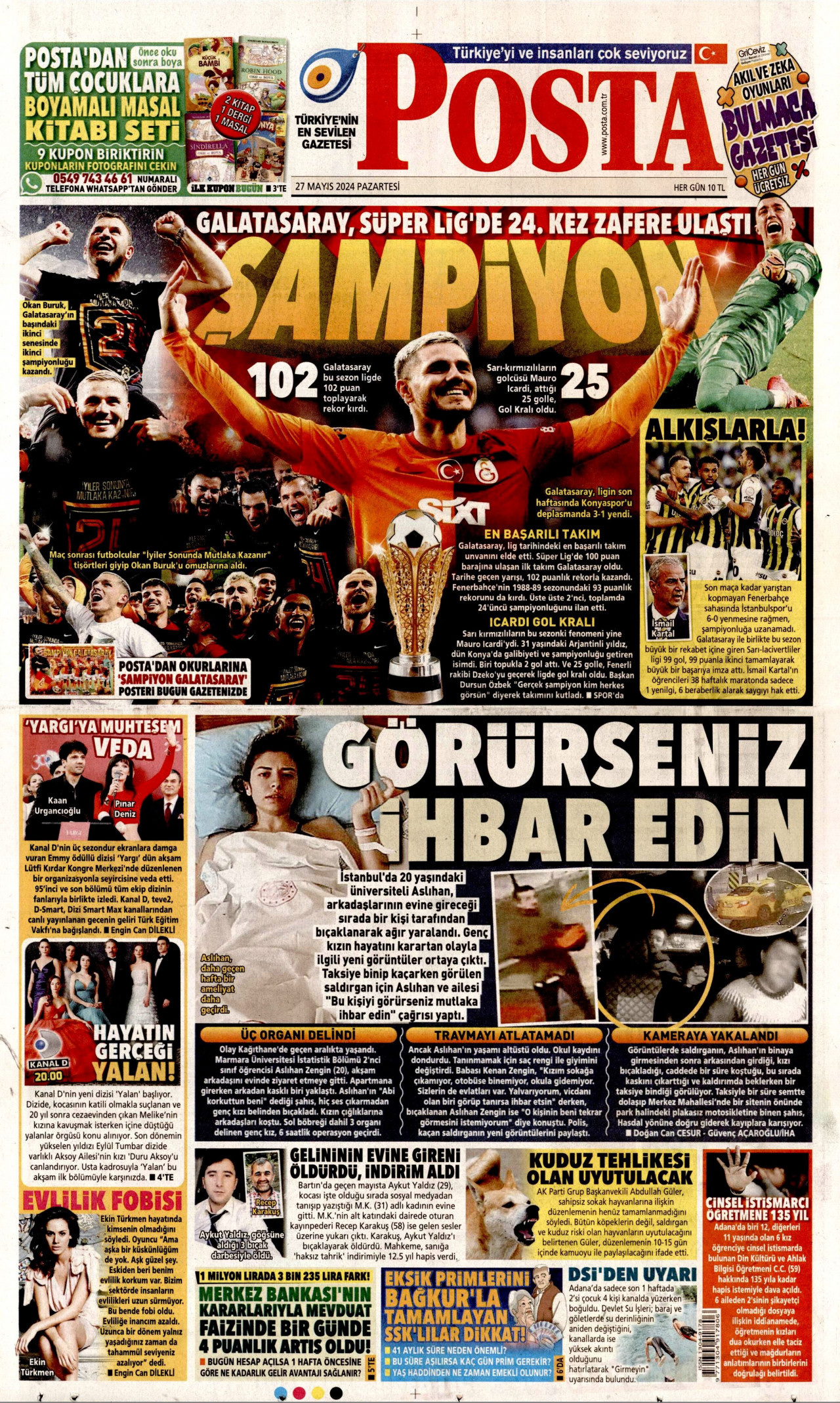 POSTA gazetesinin 27 Mayıs 2024 tarihli birinci sayfası