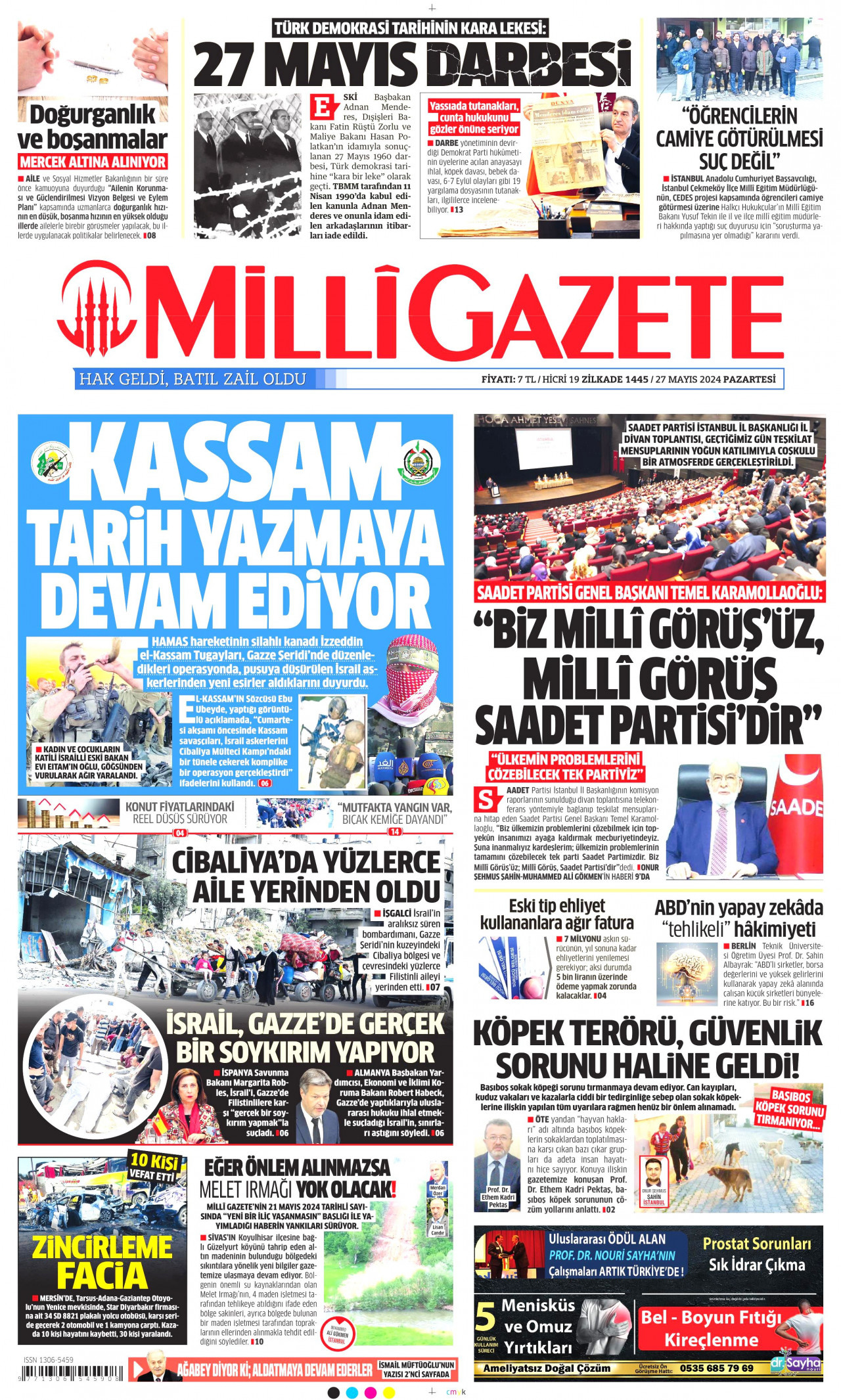 MİLLİ GAZETE gazetesinin 27 Mayıs 2024 tarihli birinci sayfası
