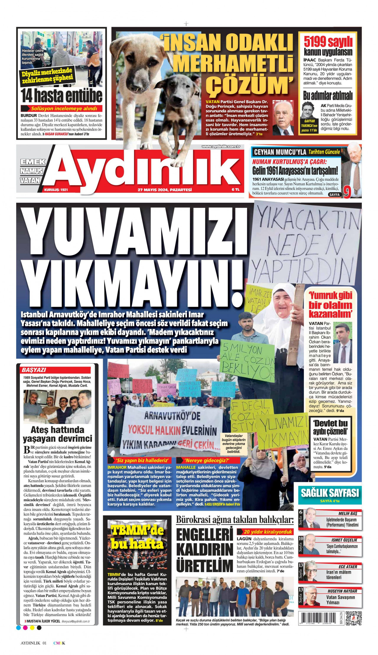 AYDINLIK GAZETESİ gazetesinin 27 Mayıs 2024 tarihli birinci sayfası