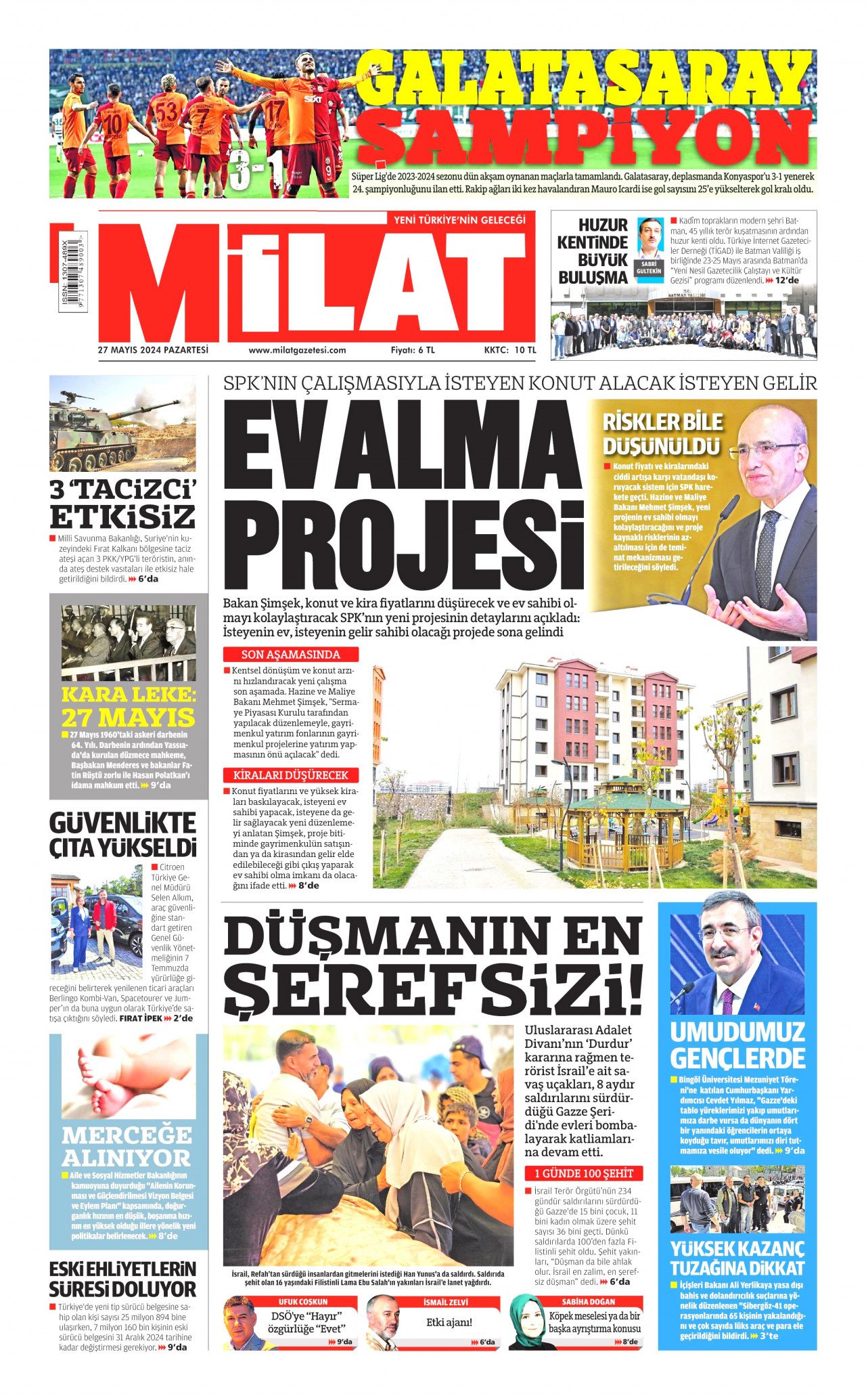 MİLAT gazetesinin 27 Mayıs 2024 tarihli birinci sayfası