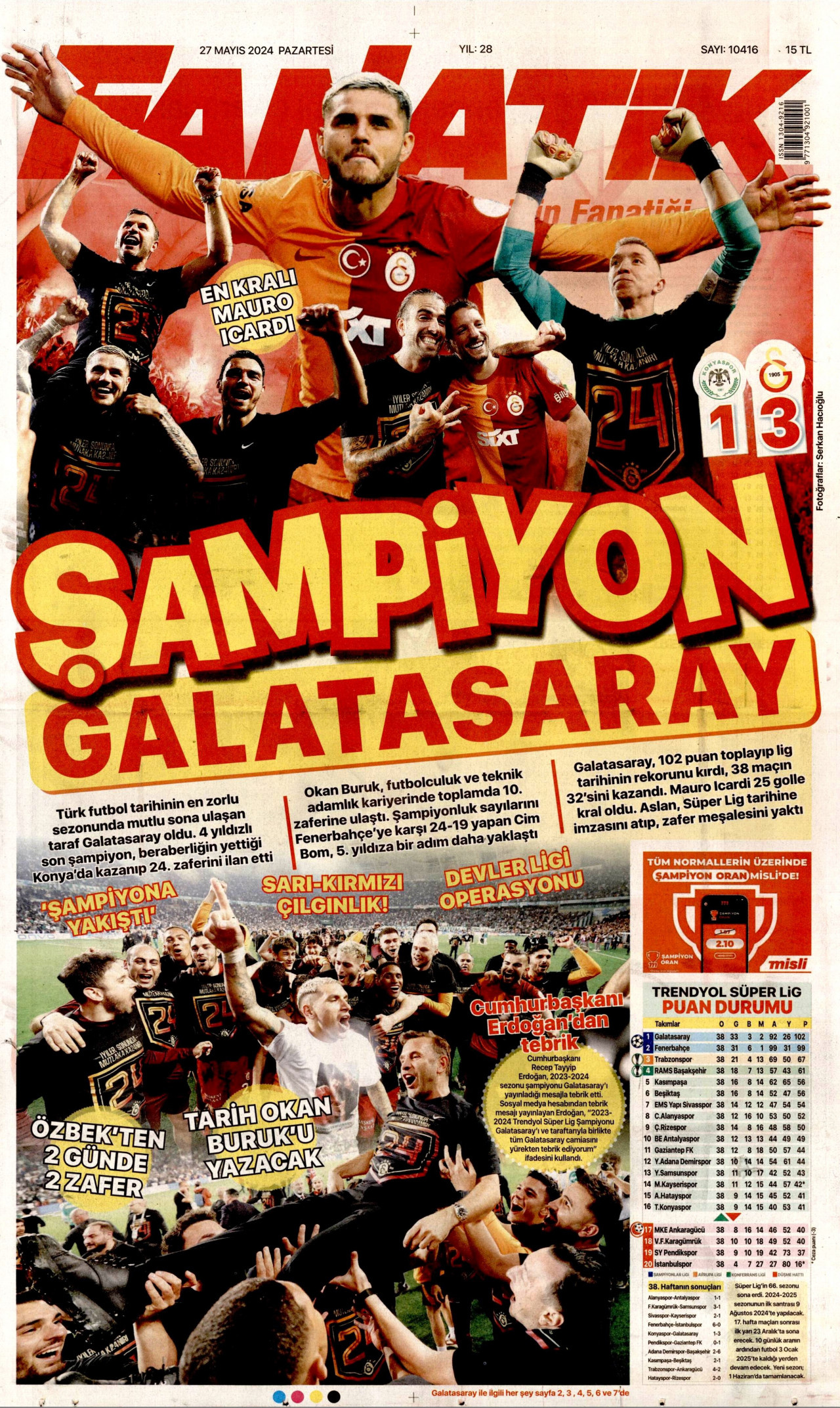 FANATİK gazetesinin 27 Mayıs 2024 tarihli birinci sayfası