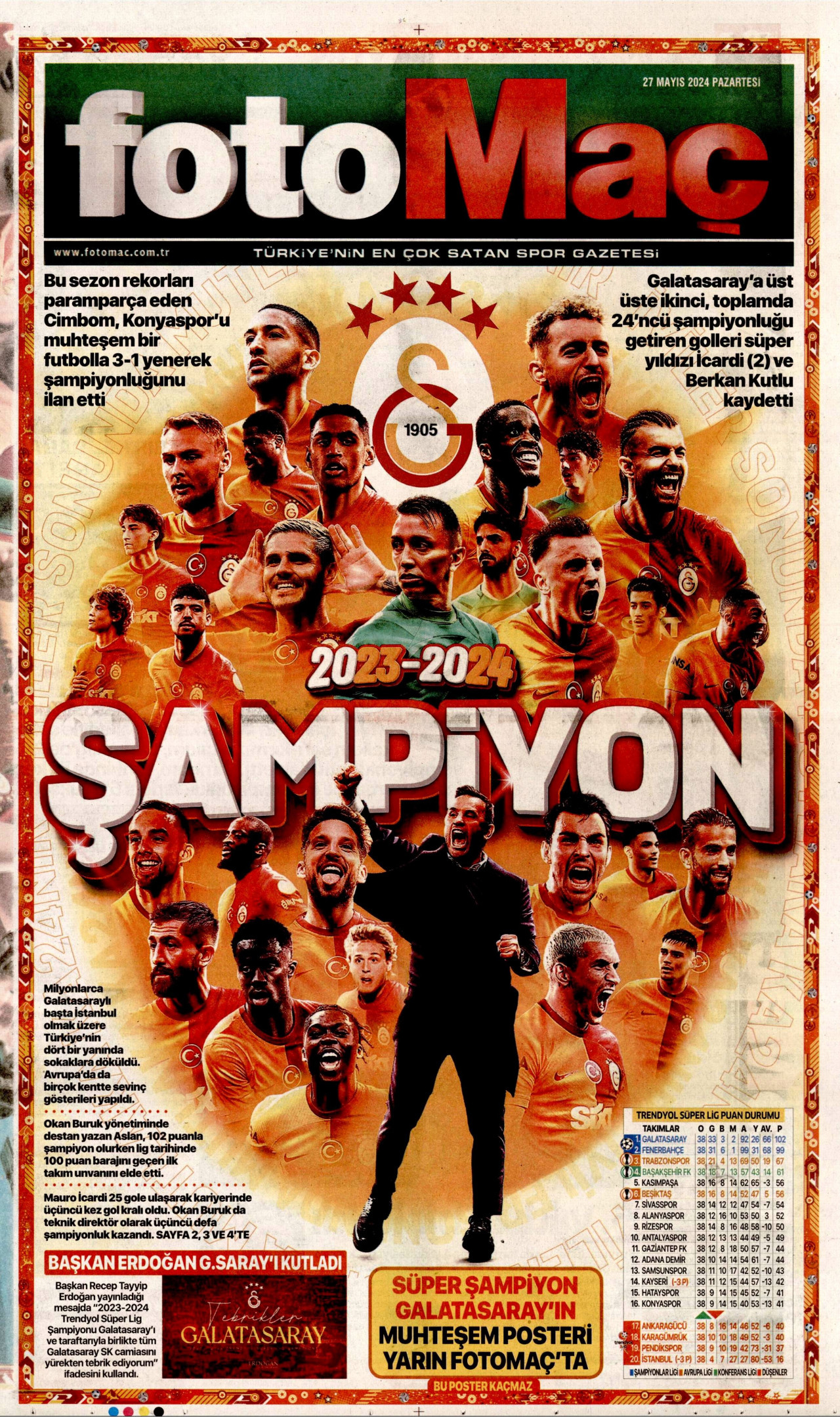 FOTOMAÇ gazetesinin 27 Mayıs 2024 tarihli birinci sayfası