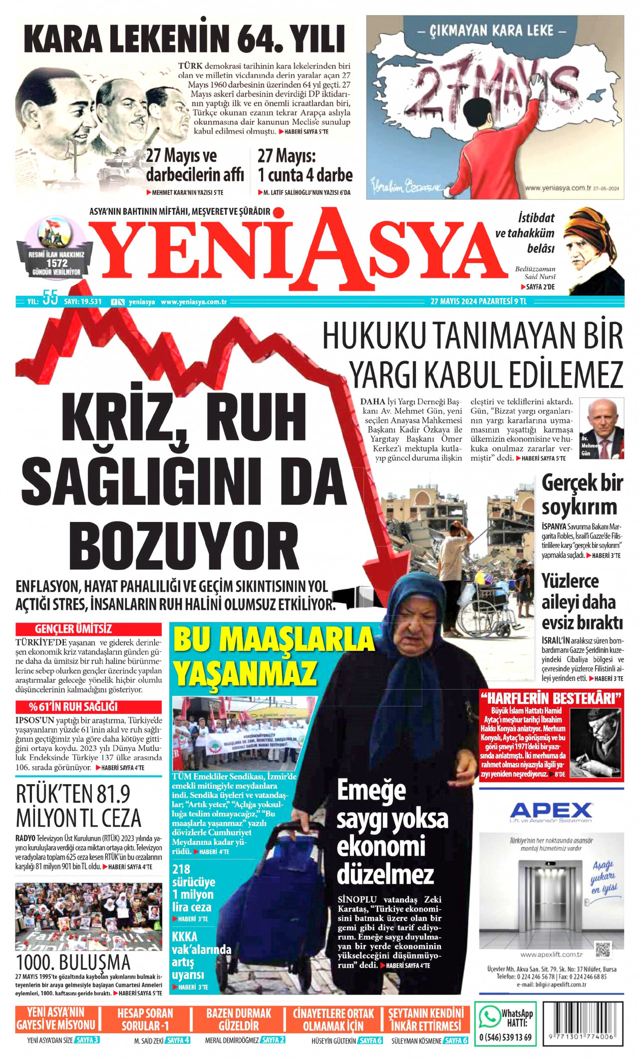 YENİ ASYA gazetesinin 27 Mayıs 2024 tarihli birinci sayfası