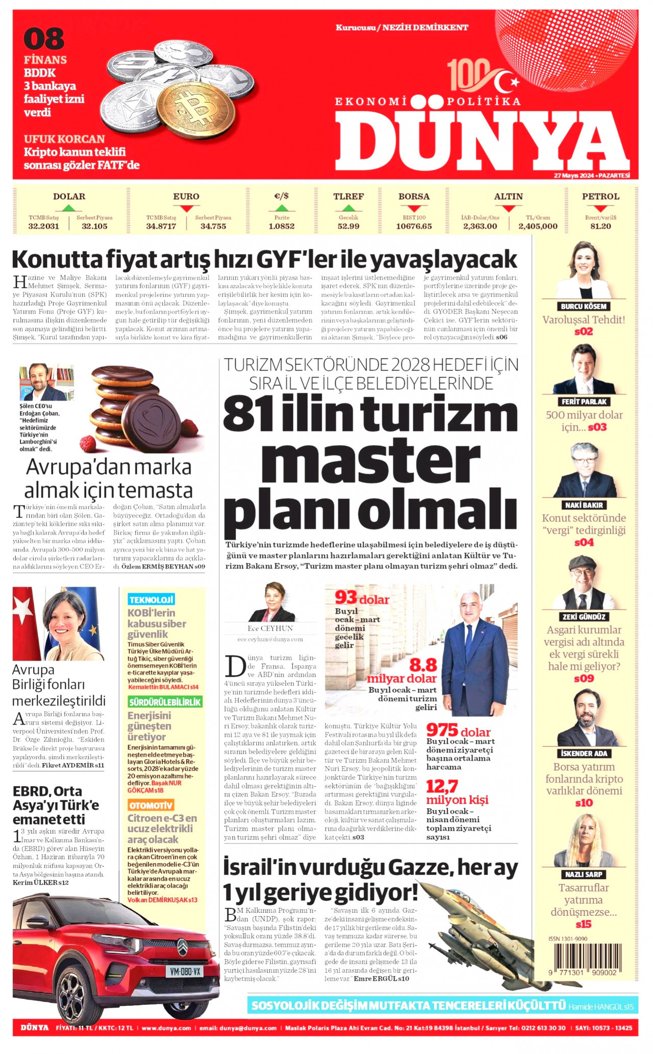 DÜNYA gazetesinin 27 Mayıs 2024 tarihli birinci sayfası