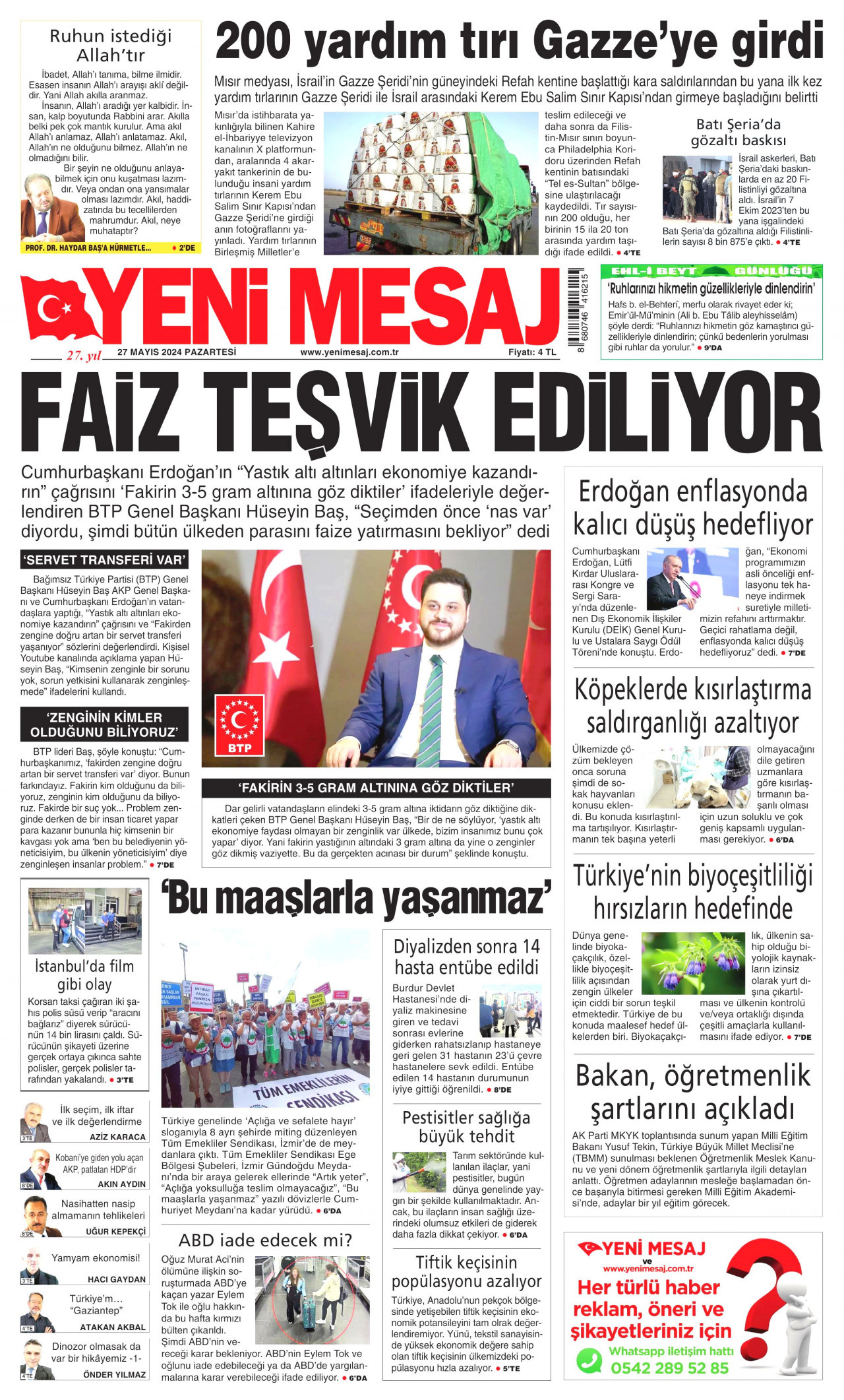 YENİ MESAJ gazetesinin 27 Mayıs 2024 tarihli birinci sayfası