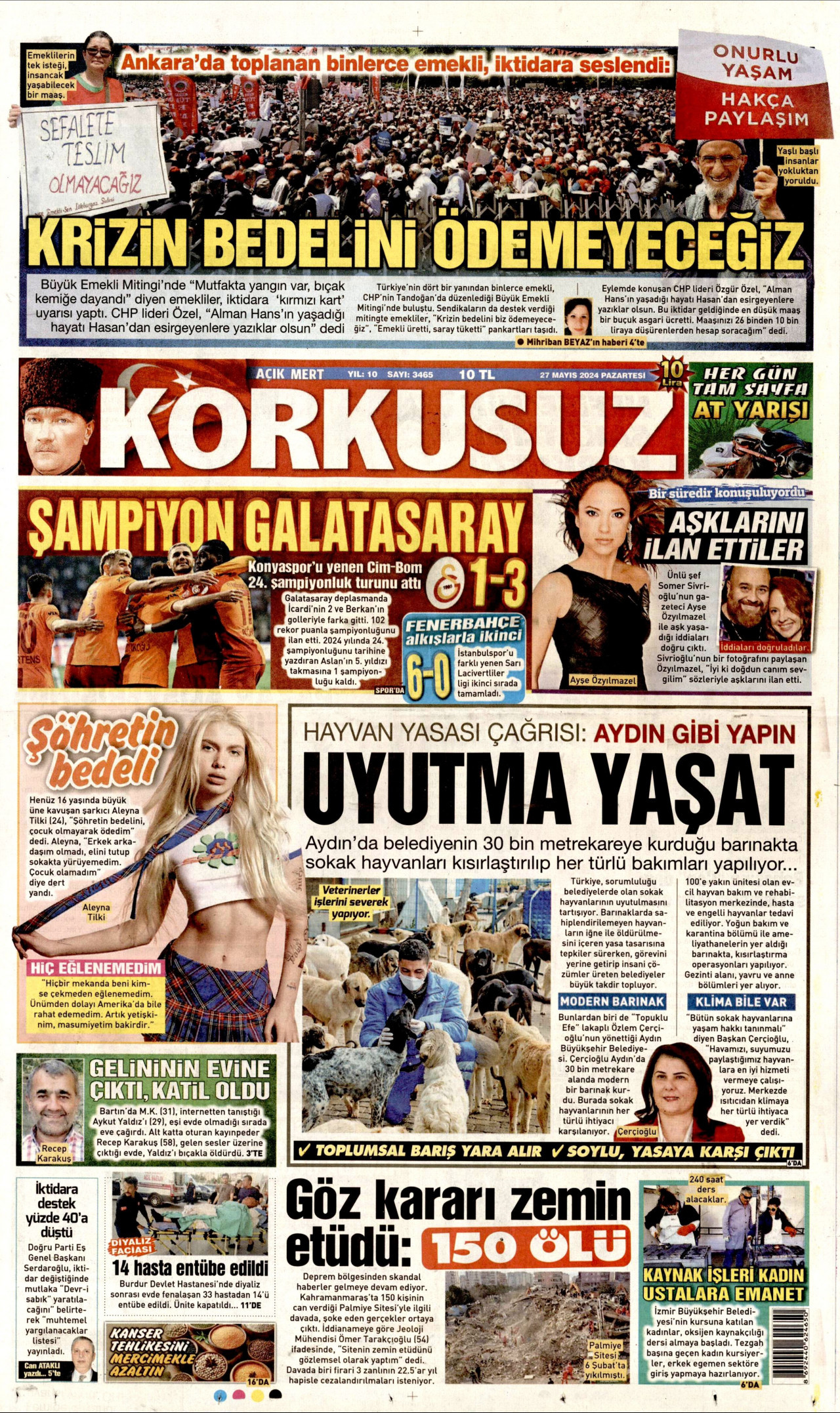 KORKUSUZ gazetesinin 27 Mayıs 2024 tarihli birinci sayfası