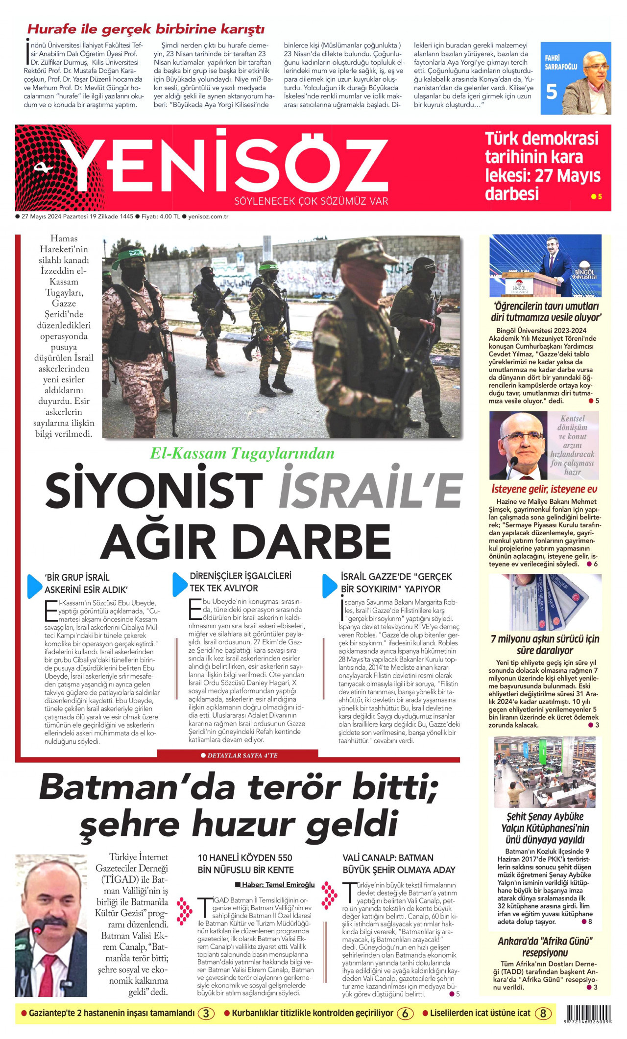 YENİ SÖZ GAZETESİ gazetesinin 27 Mayıs 2024 tarihli birinci sayfası
