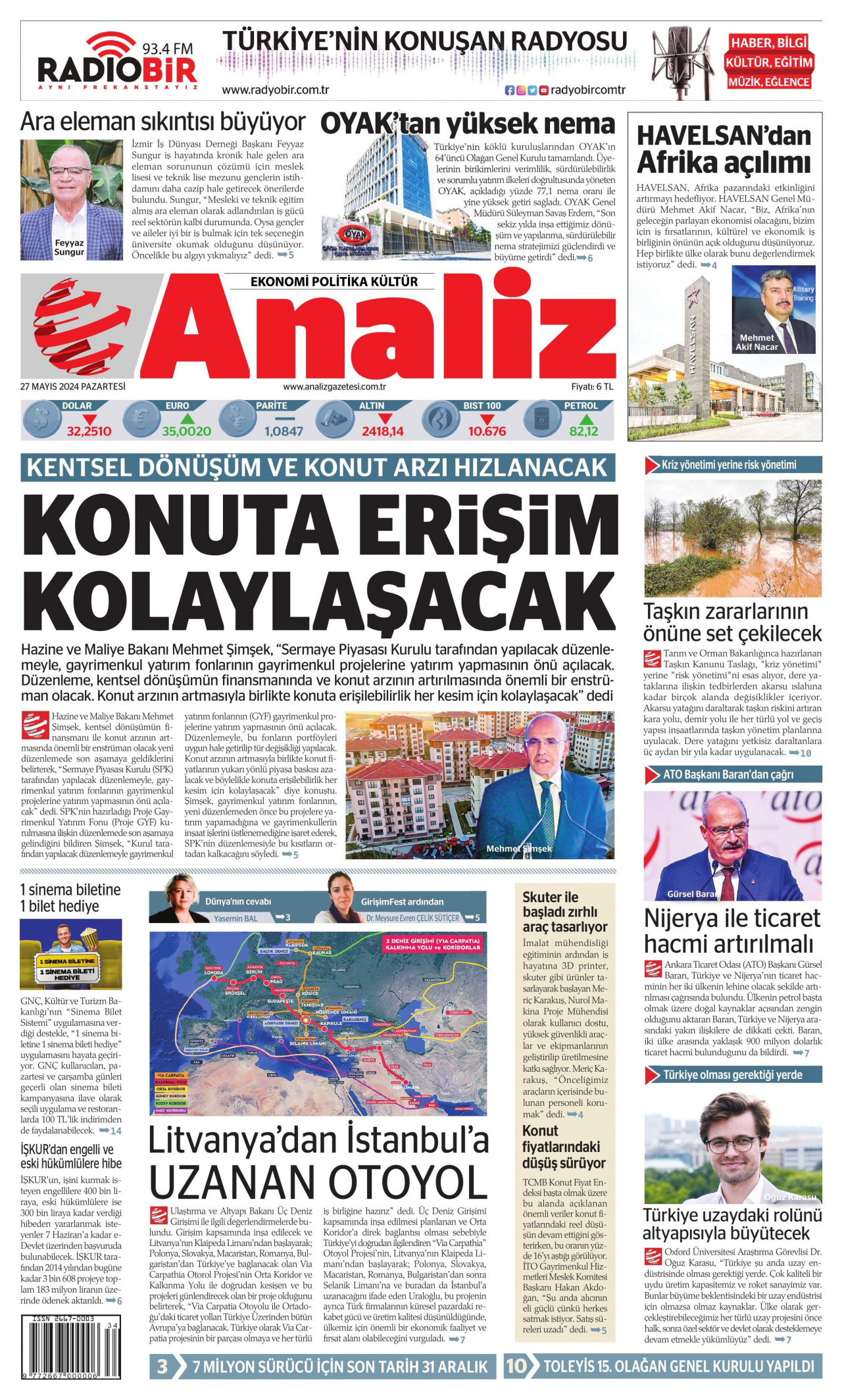 ANALİZ gazetesinin 27 Mayıs 2024 tarihli birinci sayfası
