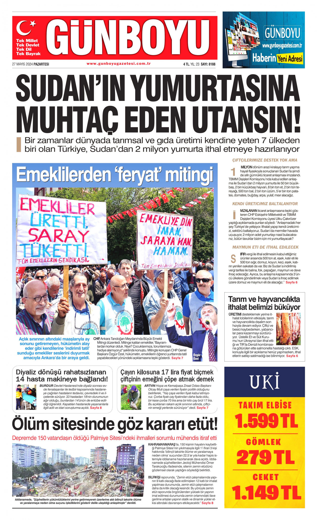 GÜNBOYU gazetesinin 27 Mayıs 2024 tarihli birinci sayfası