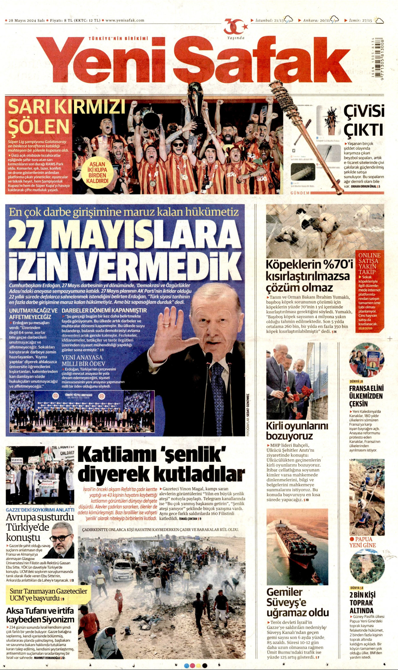 YENİ ŞAFAK gazetesinin 28 Mayıs 2024 tarihli birinci sayfası