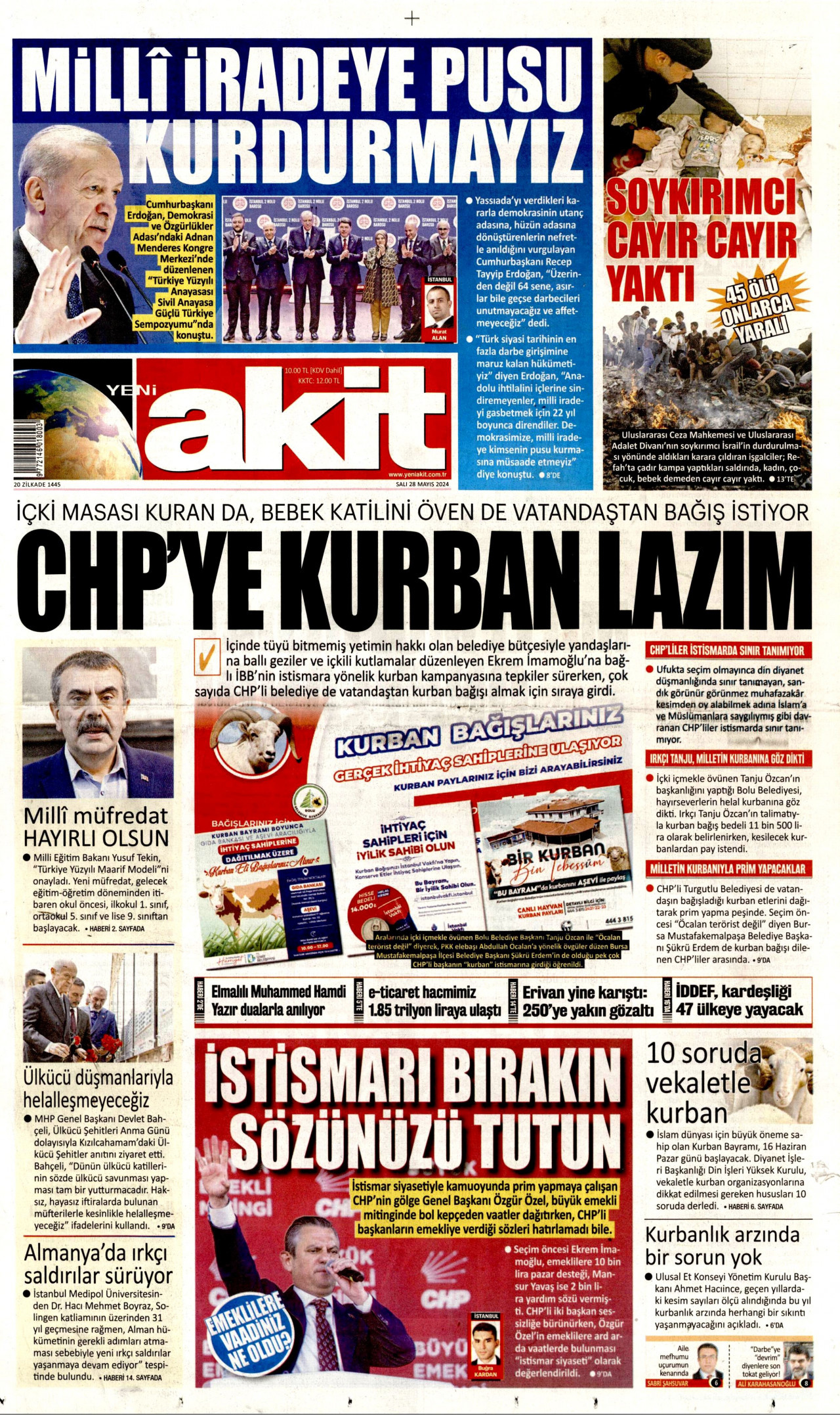 YENİ AKİT gazetesinin 28 Mayıs 2024 tarihli birinci sayfası