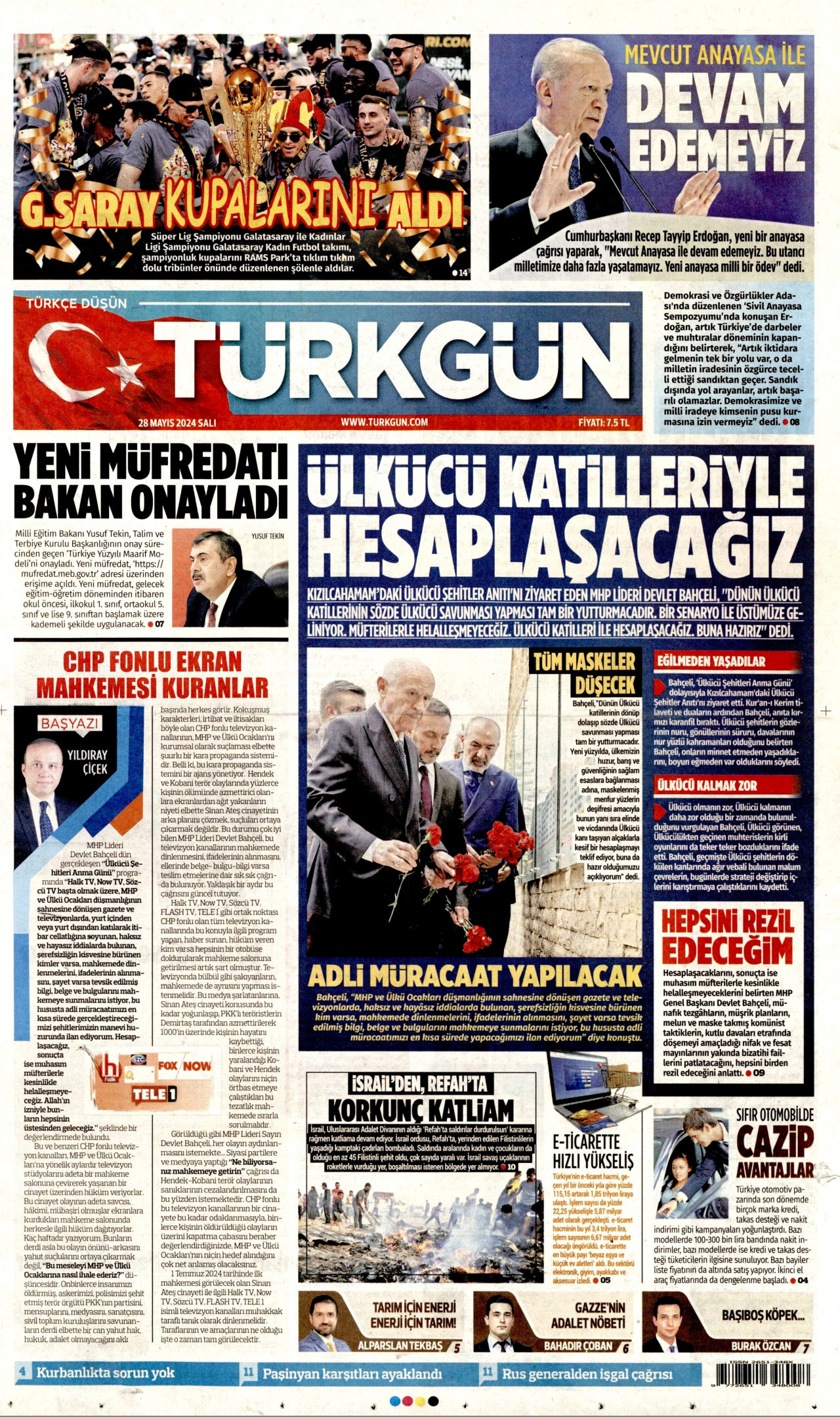 TÜRKGÜN gazetesinin 28 Mayıs 2024 tarihli birinci sayfası