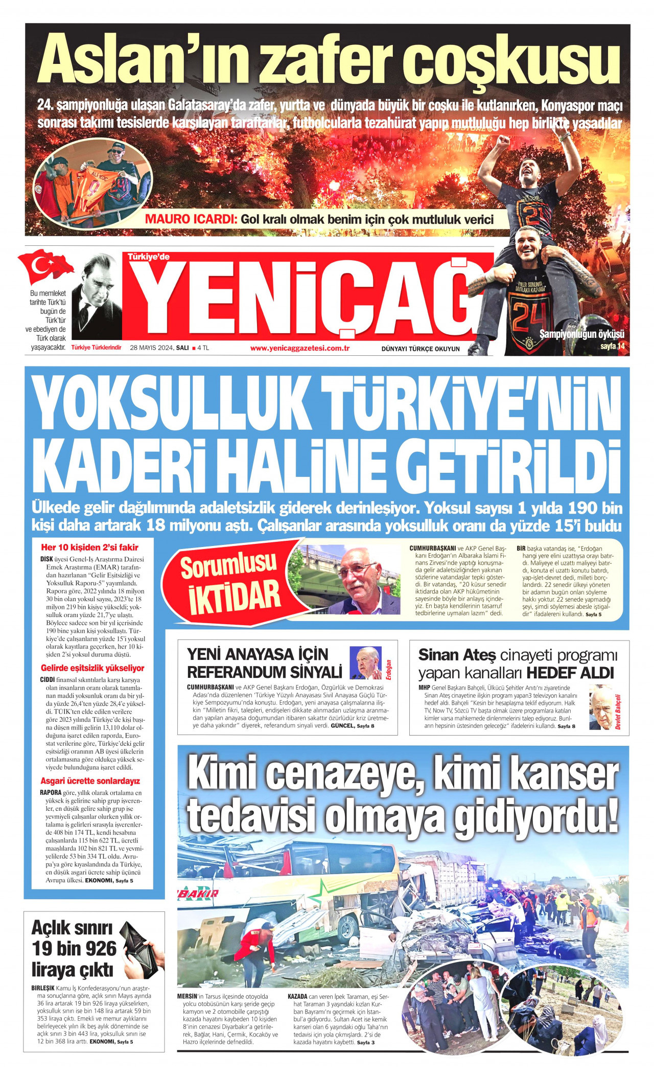 YENİÇAĞ gazetesinin 28 Mayıs 2024 tarihli birinci sayfası