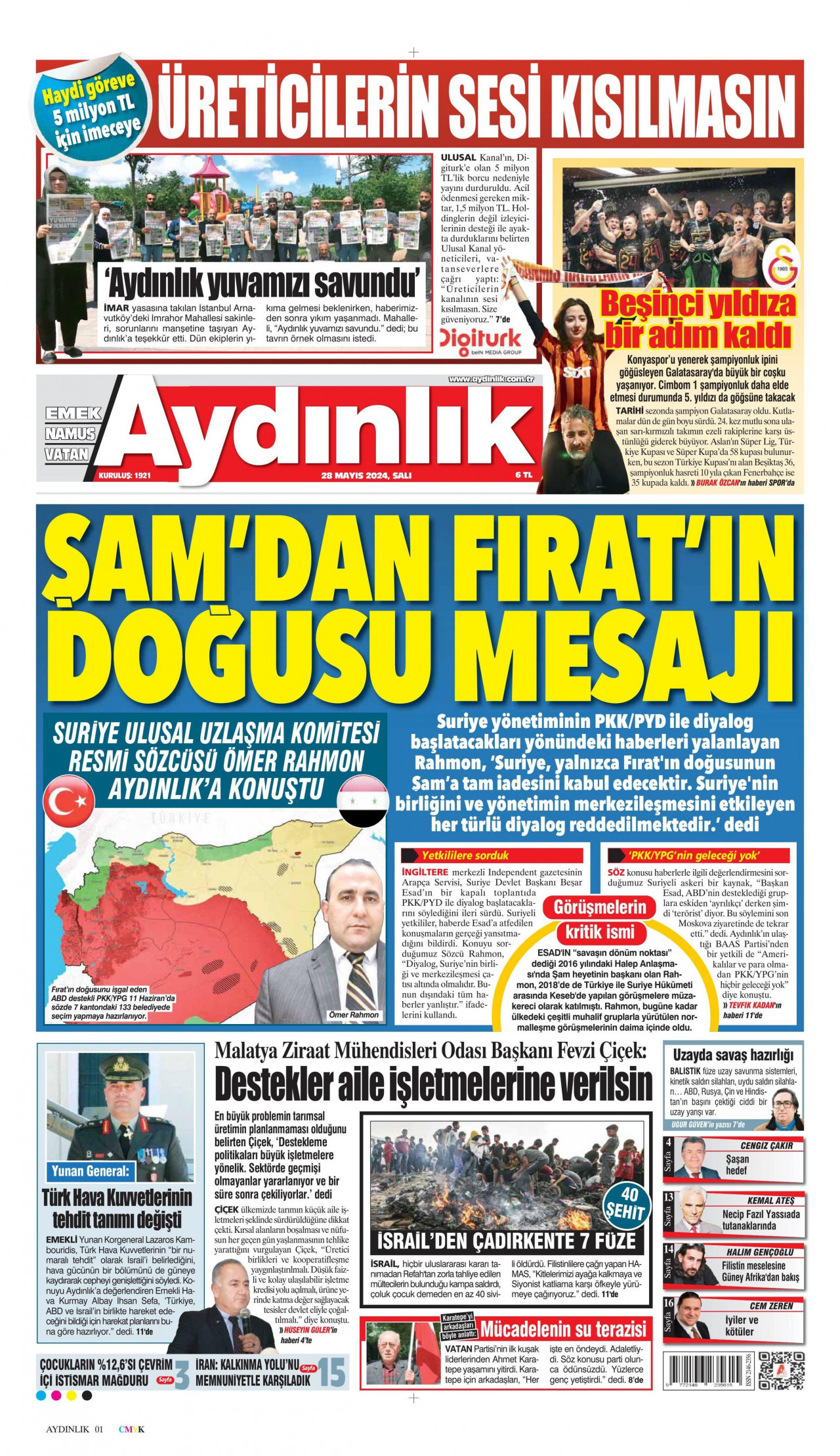 AYDINLIK GAZETESİ gazetesinin 28 Mayıs 2024 tarihli birinci sayfası