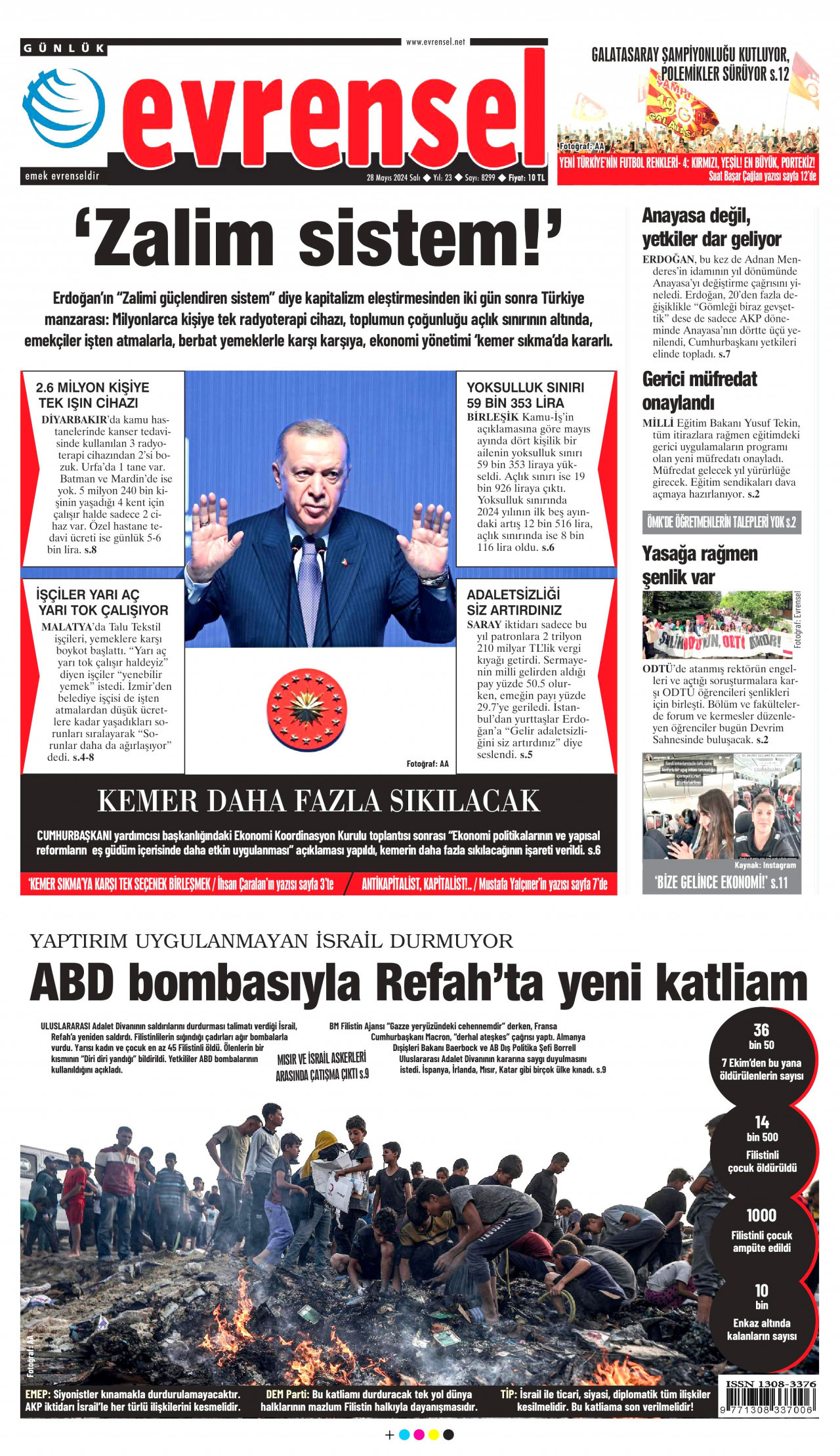 EVRENSEL gazetesinin 28 Mayıs 2024 tarihli birinci sayfası