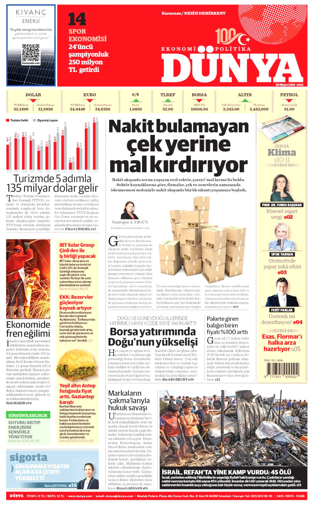 DÜNYA gazetesinin 28 Mayıs 2024 tarihli birinci sayfası