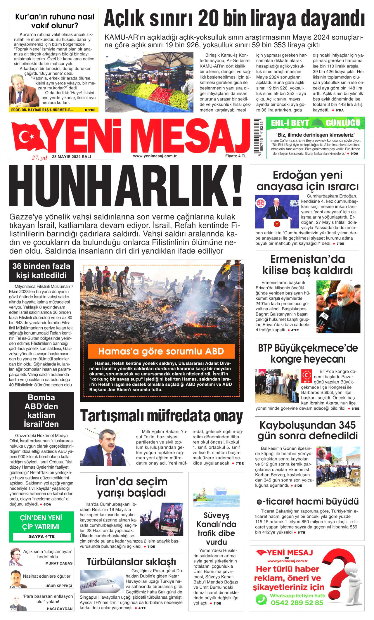 YENİ MESAJ gazetesinin 28 Mayıs 2024 tarihli birinci sayfası