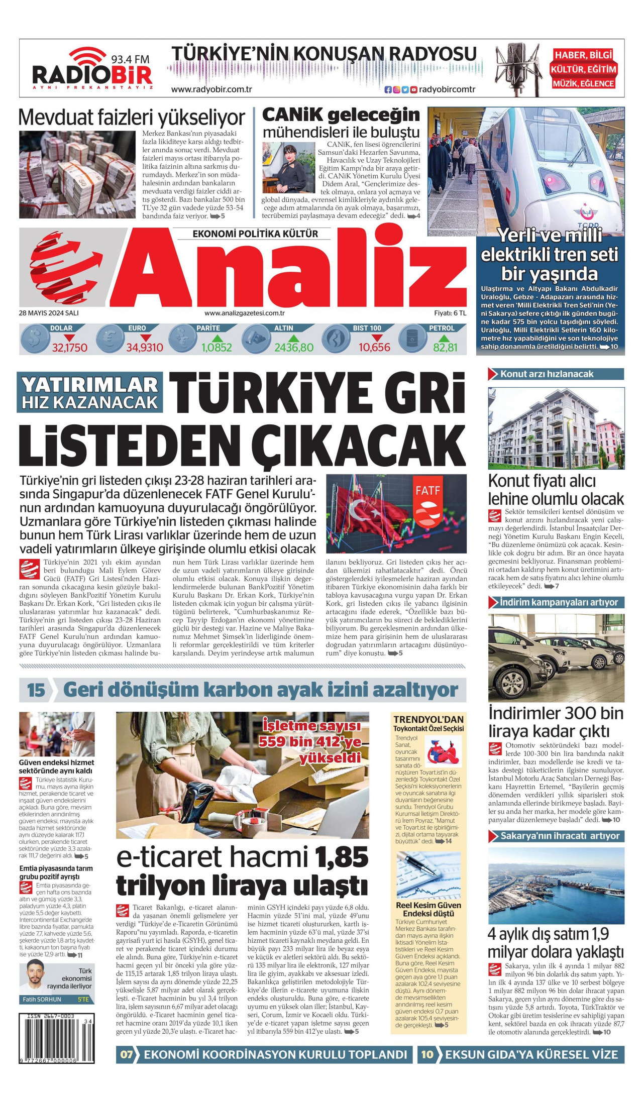 ANALİZ gazetesinin 28 Mayıs 2024 tarihli birinci sayfası