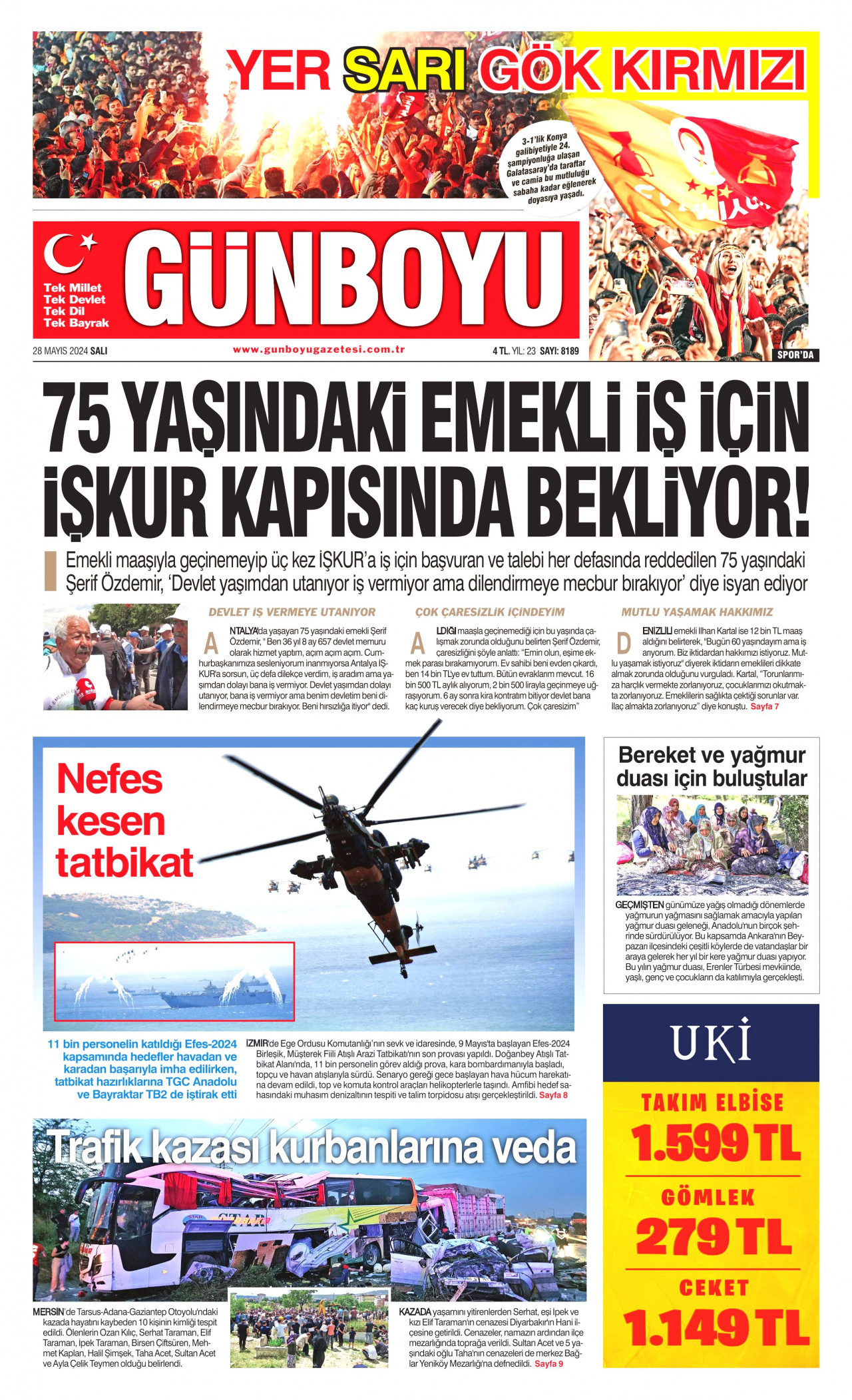GÜNBOYU gazetesinin 28 Mayıs 2024 tarihli birinci sayfası