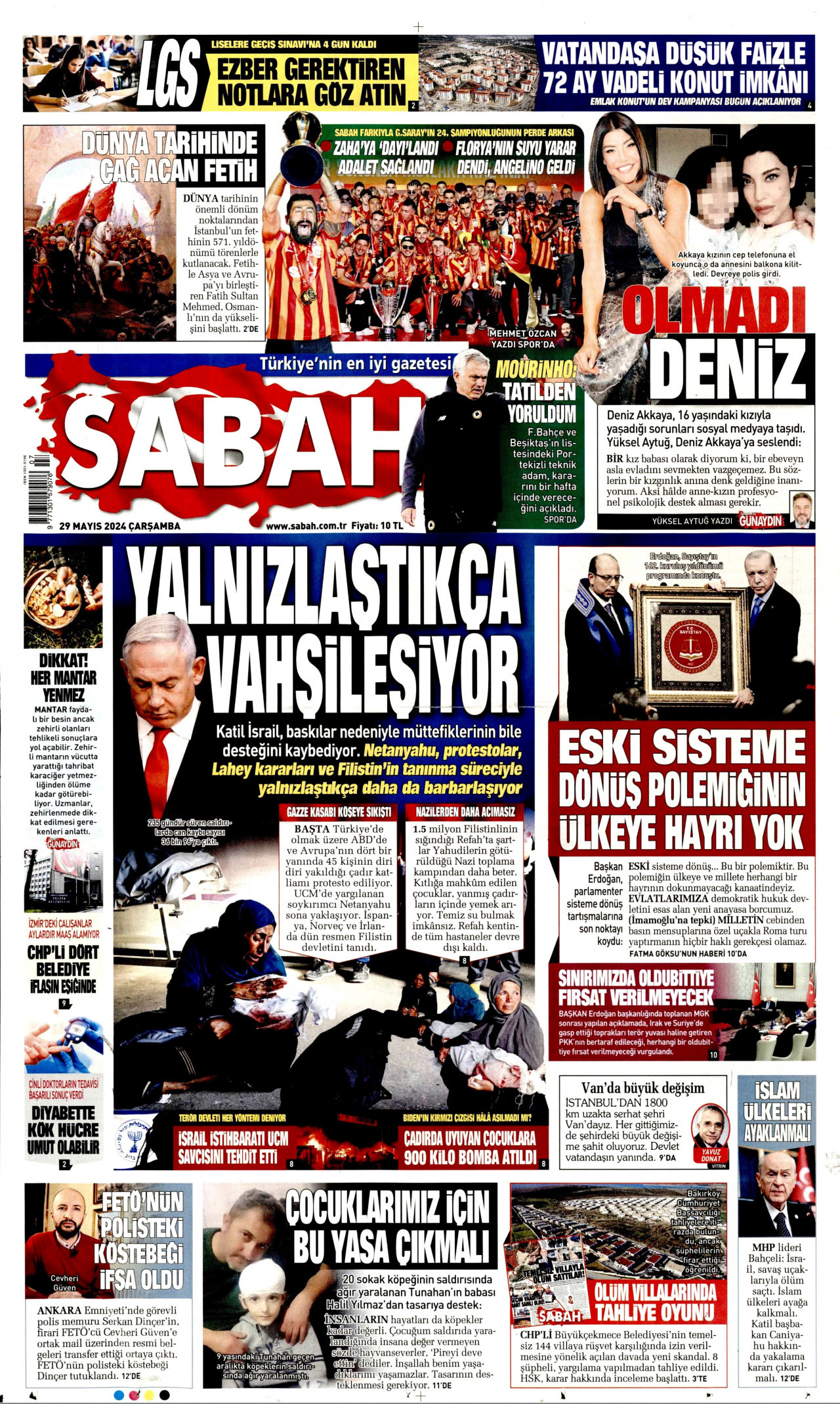 SABAH gazetesinin 29 Mayıs 2024 tarihli birinci sayfası