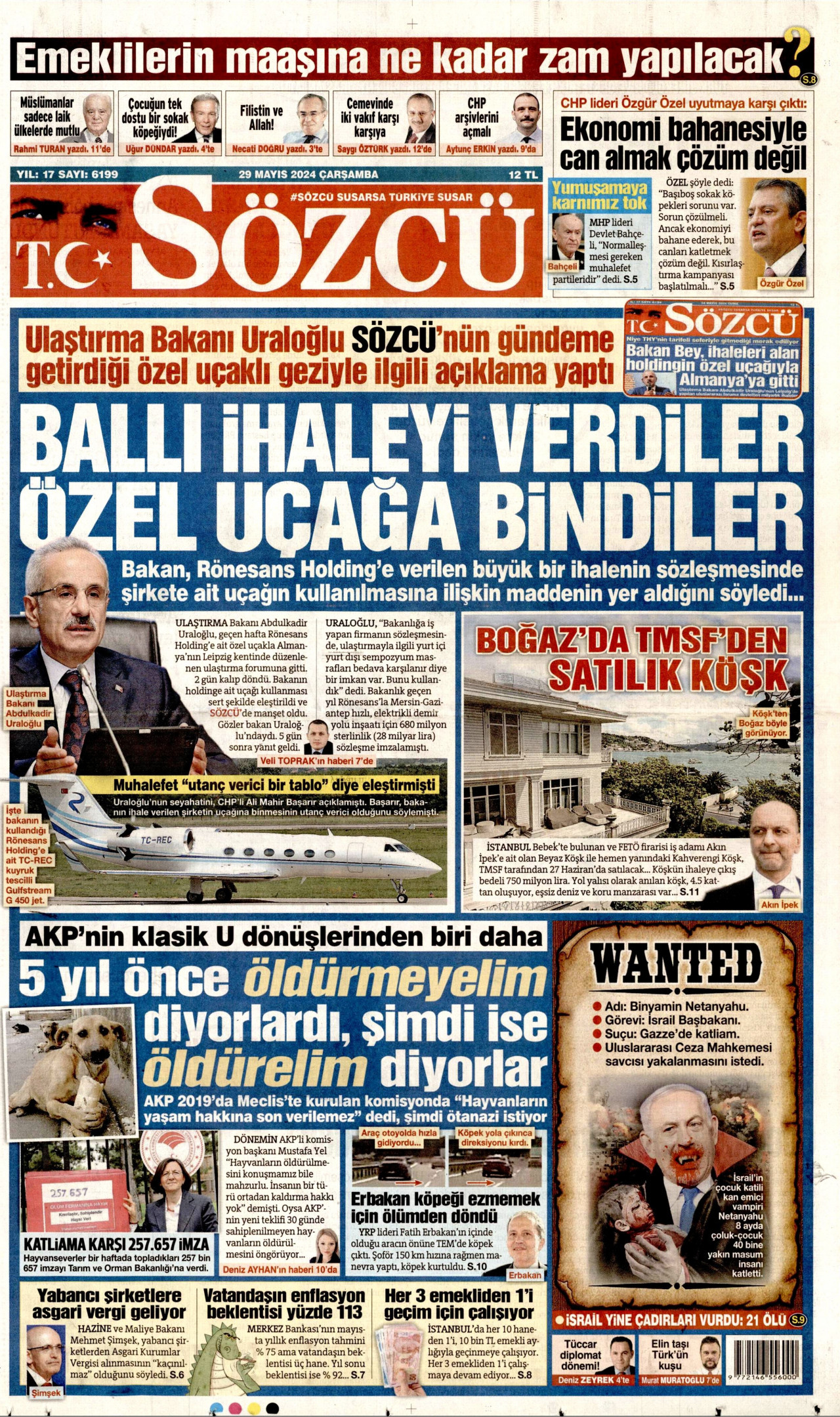 SÖZCÜ gazetesinin 29 Mayıs 2024 tarihli birinci sayfası