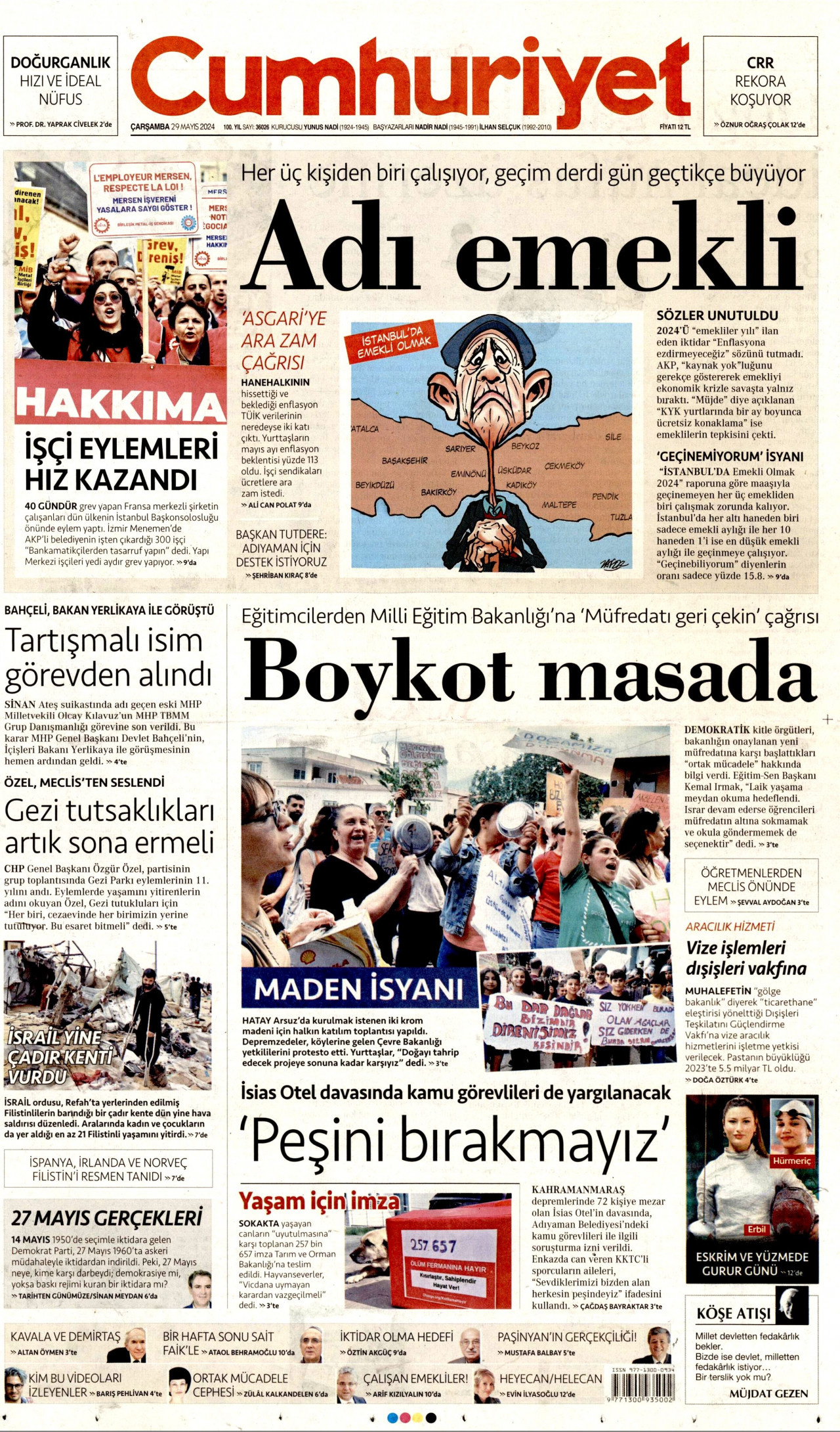CUMHURİYET gazetesinin 29 Mayıs 2024 tarihli birinci sayfası