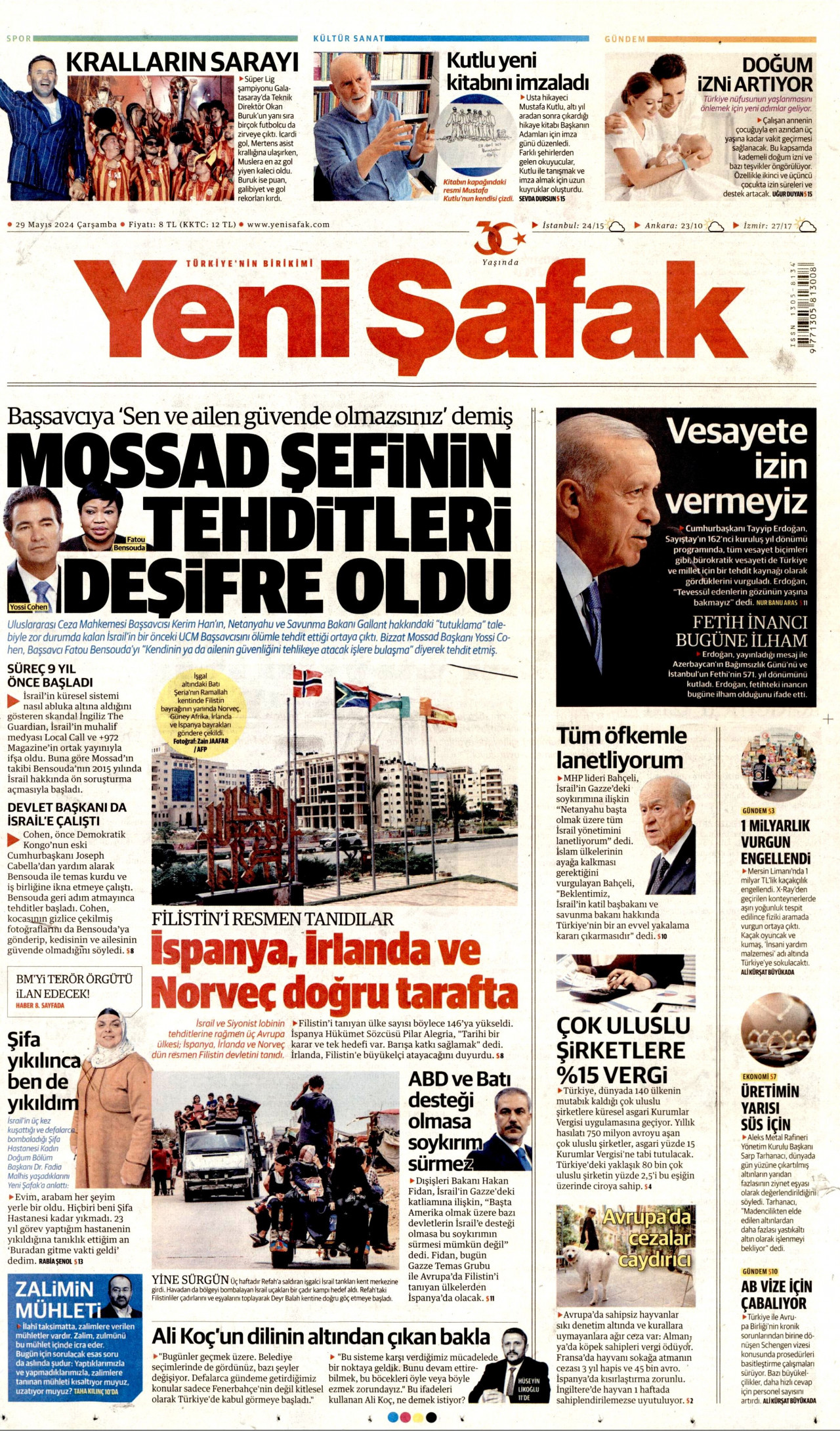 YENİ ŞAFAK gazetesinin 29 Mayıs 2024 tarihli birinci sayfası