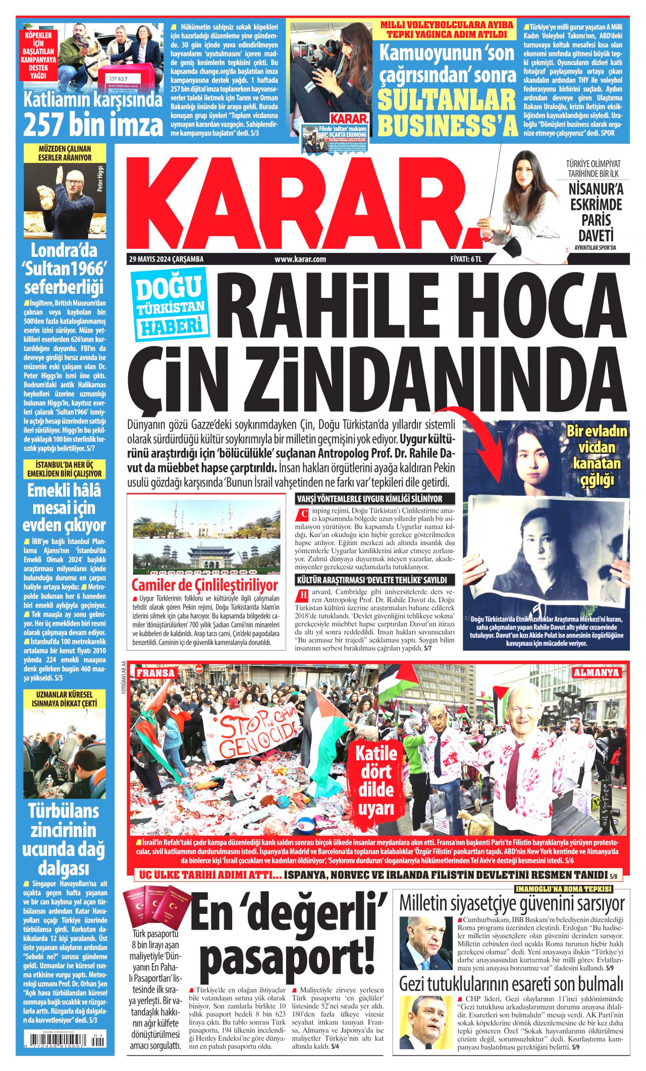 KARAR gazetesinin 29 Mayıs 2024 tarihli birinci sayfası