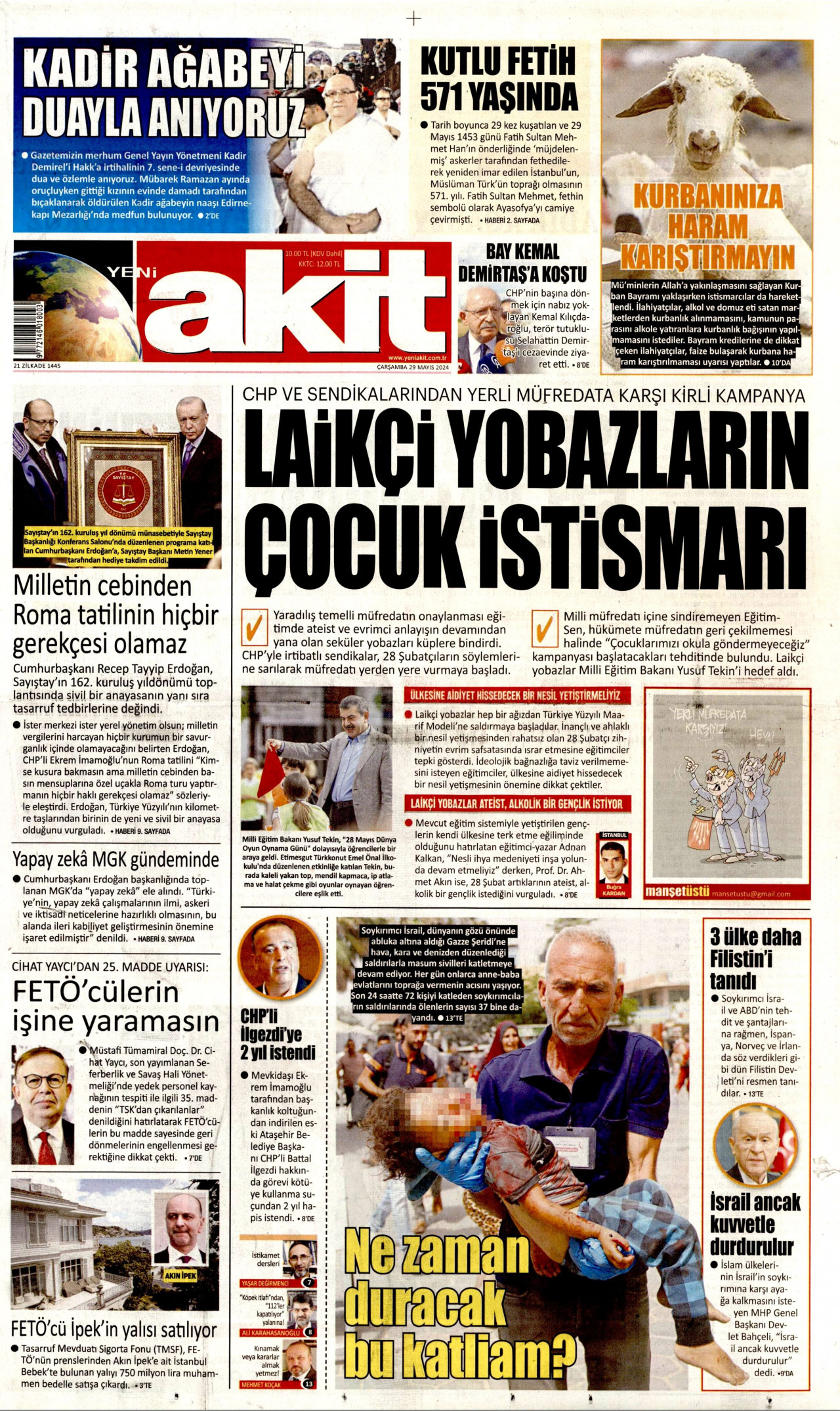 YENİ AKİT gazetesinin 29 Mayıs 2024 tarihli birinci sayfası