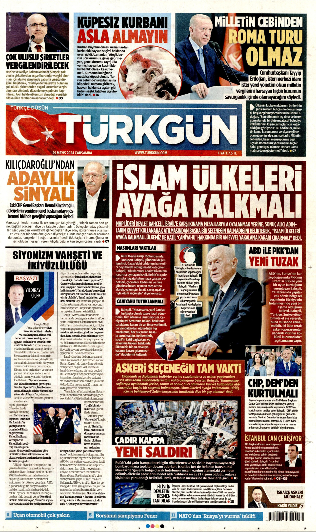 TÜRKGÜN gazetesinin 29 Mayıs 2024 tarihli birinci sayfası