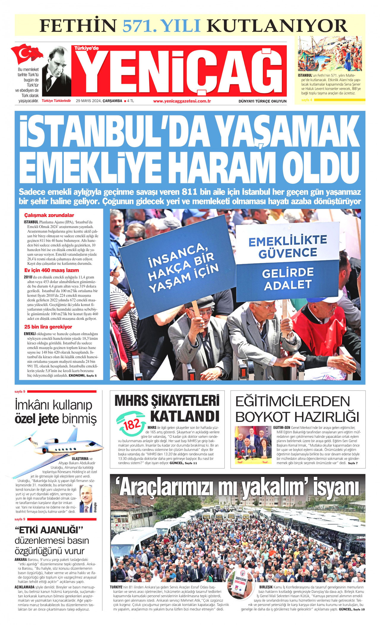 YENİÇAĞ gazetesinin 29 Mayıs 2024 tarihli birinci sayfası