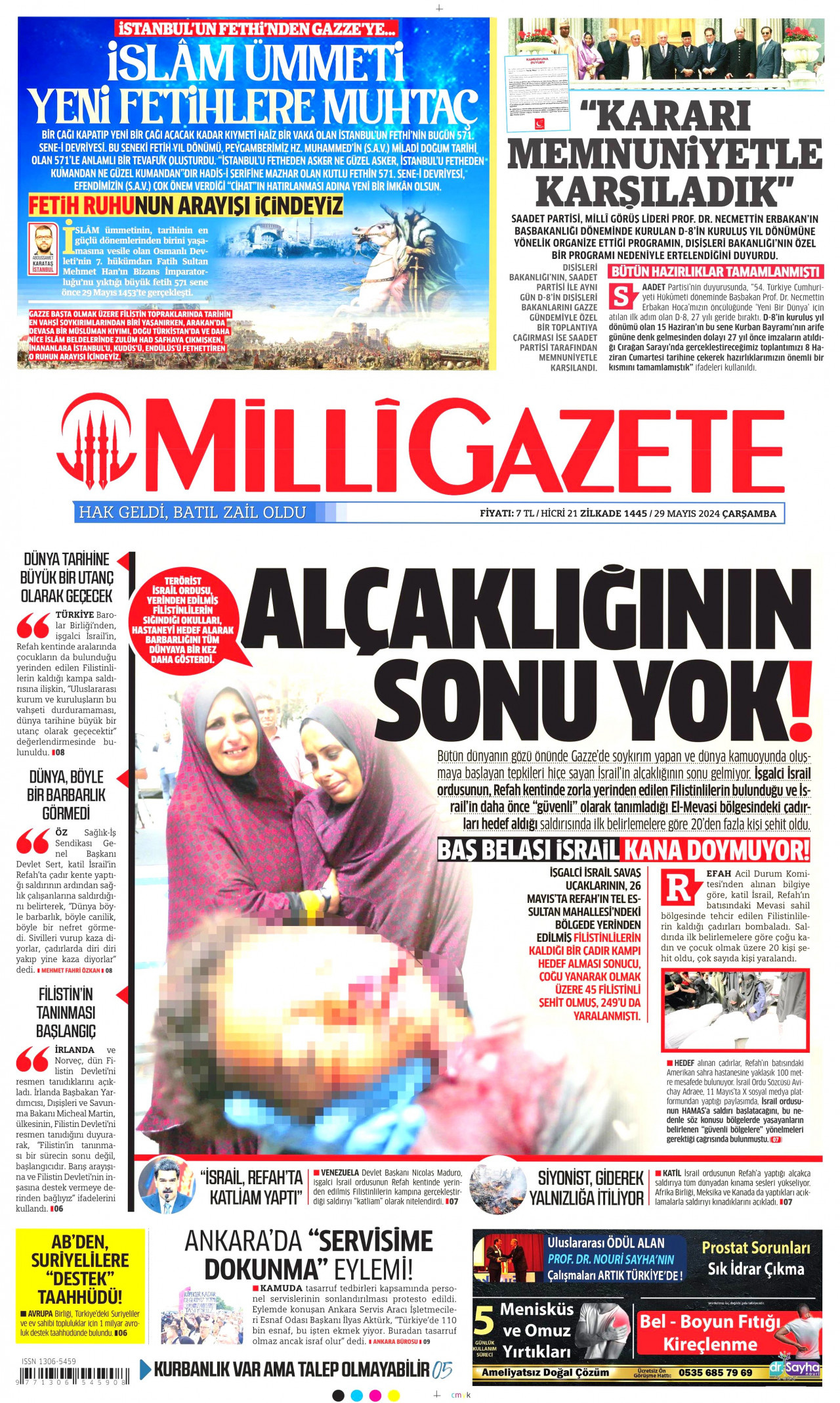 MİLLİ GAZETE gazetesinin 29 Mayıs 2024 tarihli birinci sayfası