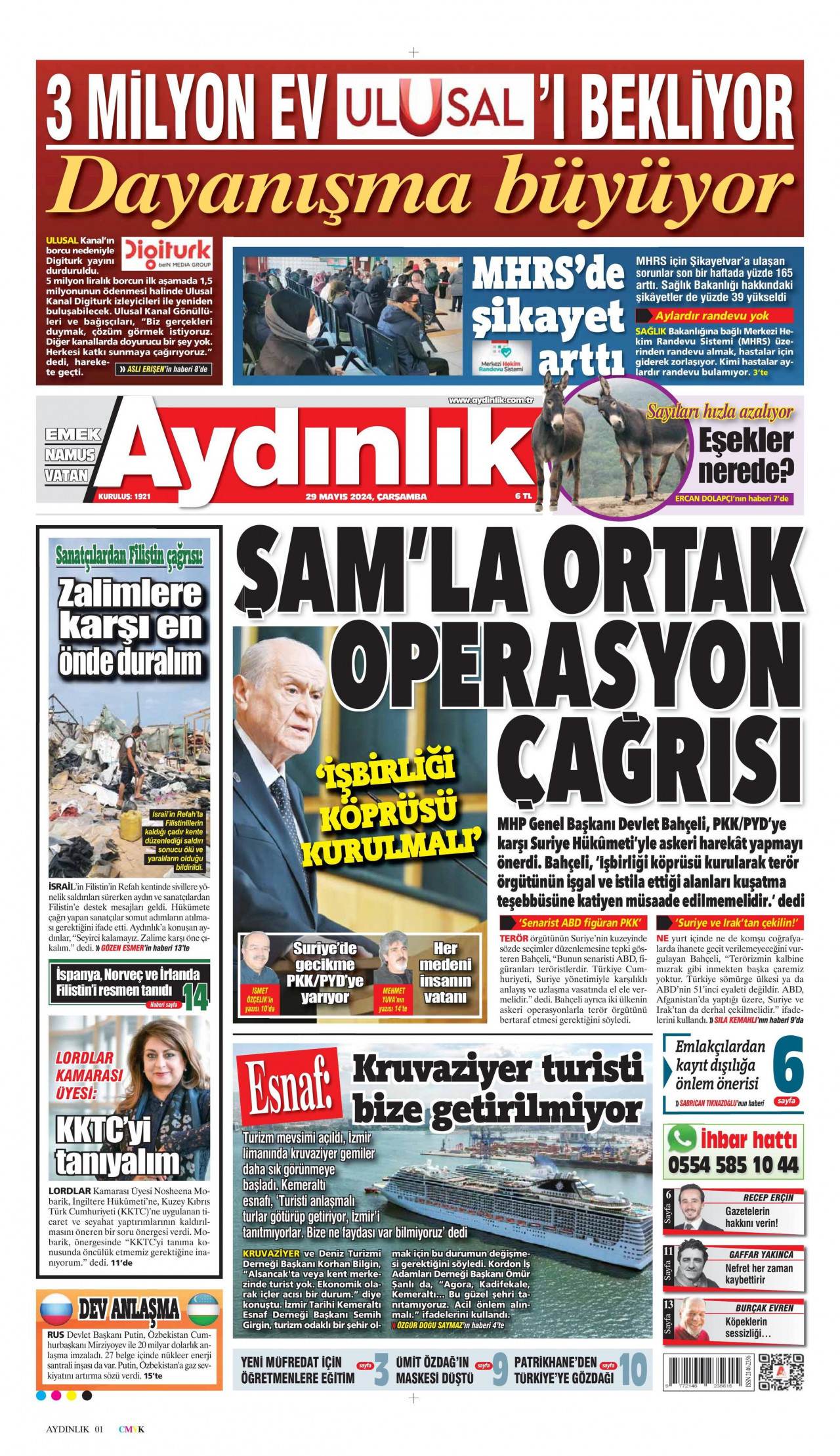 AYDINLIK GAZETESİ gazetesinin 29 Mayıs 2024 tarihli birinci sayfası