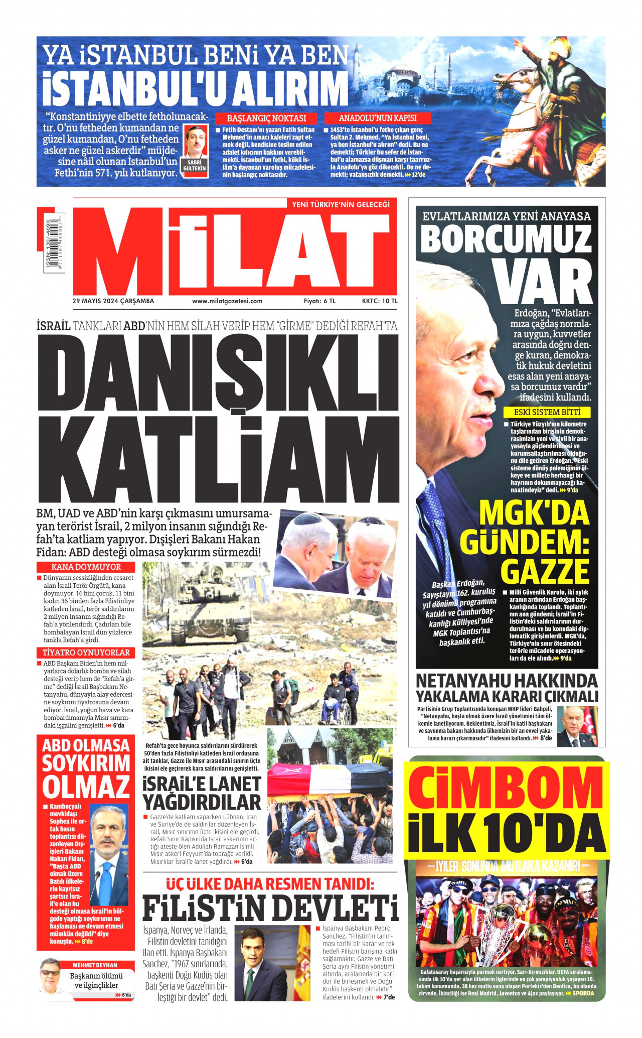 MİLAT gazetesinin 29 Mayıs 2024 tarihli birinci sayfası